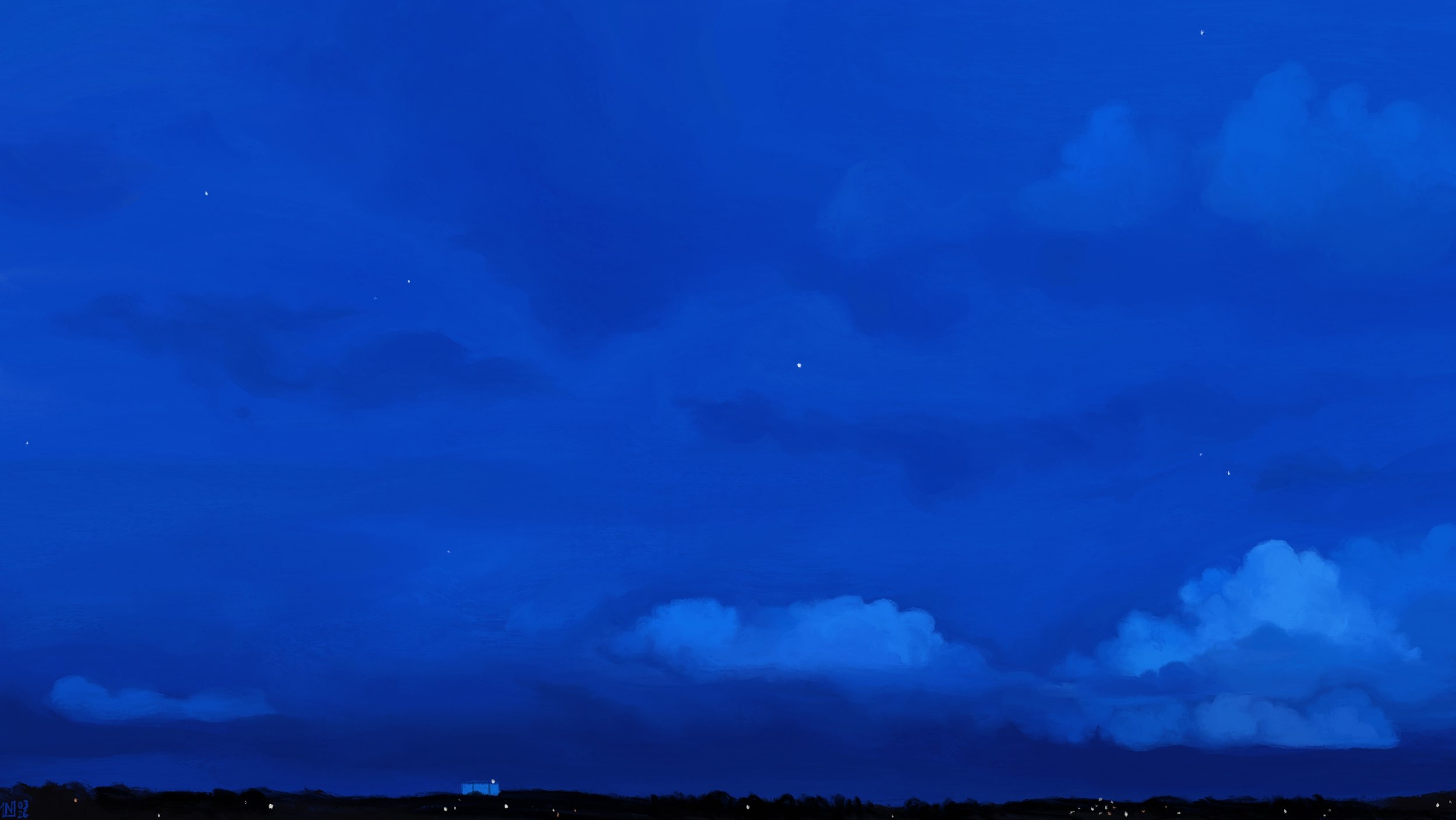 Digital painting of a nightfall scene: the sky is turning dark blue, with a few light blue clouds in the lower third of the frame, and darker, fuzzy ones in the top half. A few stars here and there, a dark horizon line with dots of light.