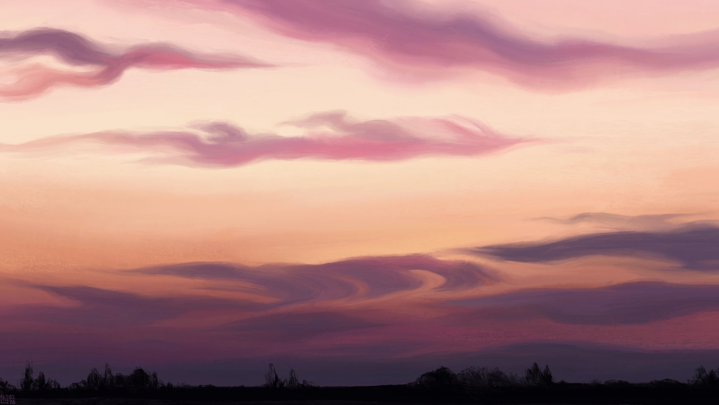 Digital painting of a sunset sky: it is a pastel orange hue, half-covered in pink and purple, soft, fuzzy, wispy clouds. They get darker, more gauzy over the horizon. There are a few trees scattered there in the distance.