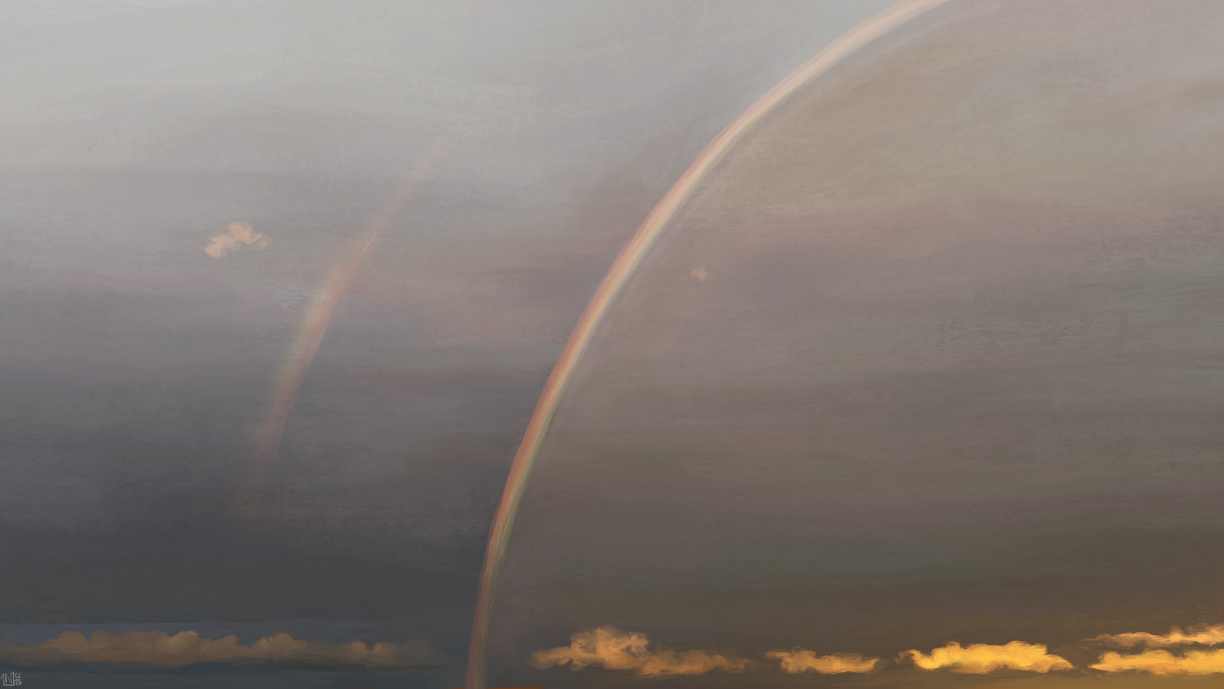 Digital painting: a dark, steel grey, cloudy sky, split by a rainbow, and then a second one, much fainter. There are long, thin, golden clouds low in the sky.