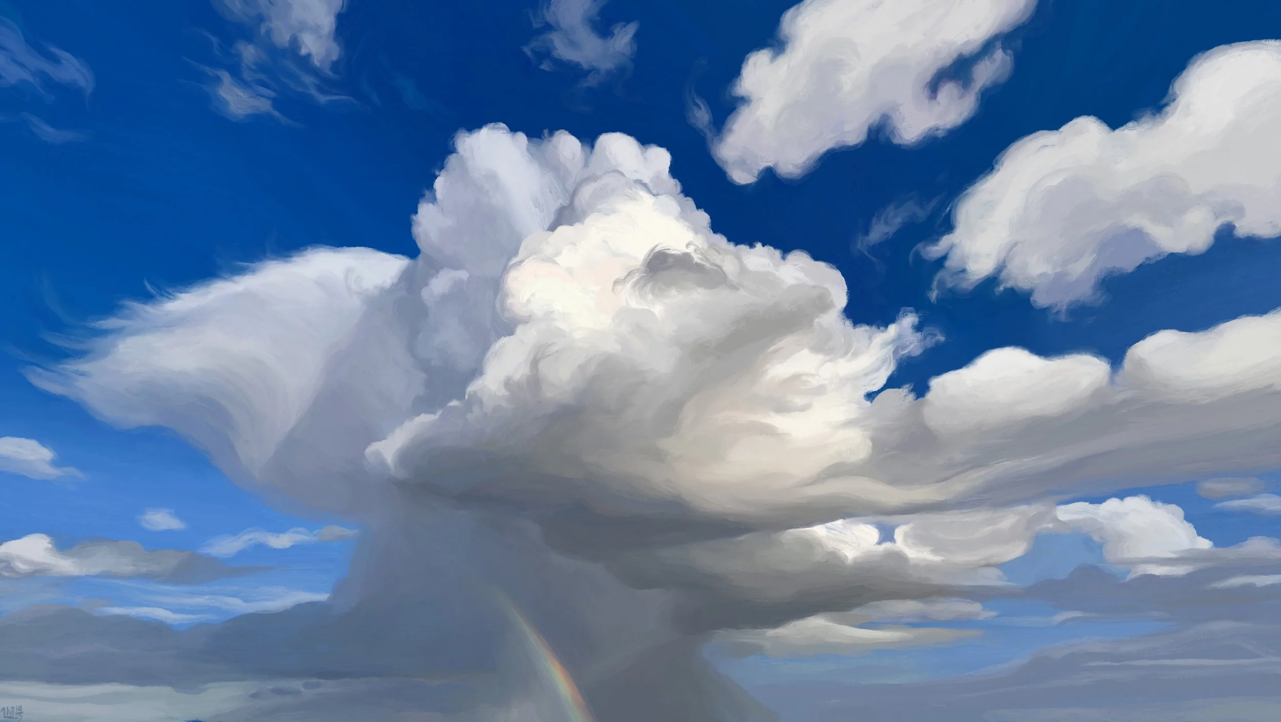 Digital painting of a cumulonimbus, large storm cloud expanding outwards in a bright blue sky. Above and around it, small white clouds, and underneath, a dark curtain of rain. Where the rain falls, there is a small rainbow.
