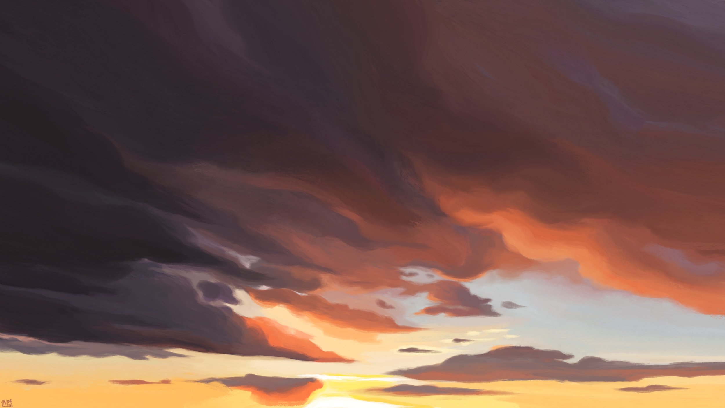 Digital painting of a sunset sky: dark clouds cover most of the sky while in the lower tier of the frame, bright yellow sunlight tints the underbelly of the clouds orange. The clouds are thick, but thinner and smaller around where the sun is.