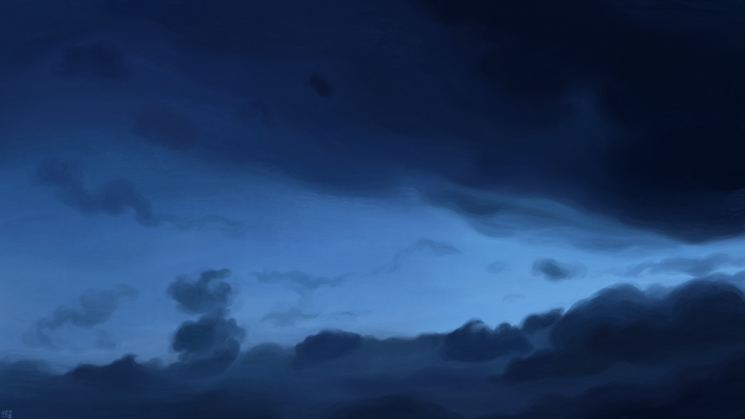 Digital painting of a dusk sky, pale blue, framed with fuzzy, dark blue clouds above and below, while smaller clouds are scattered every which way.