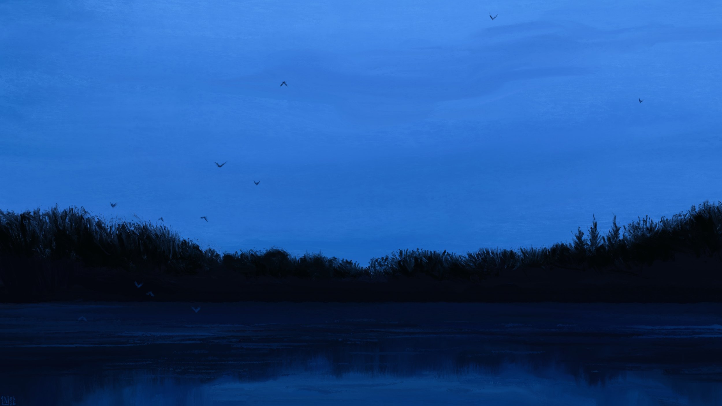 Digital painting of an early morning scene: in dim blue light, a flock of birds are flying above a blurry pond. The sky is cloudy, opaque. The dark trees in the distance are reflected in the pond.