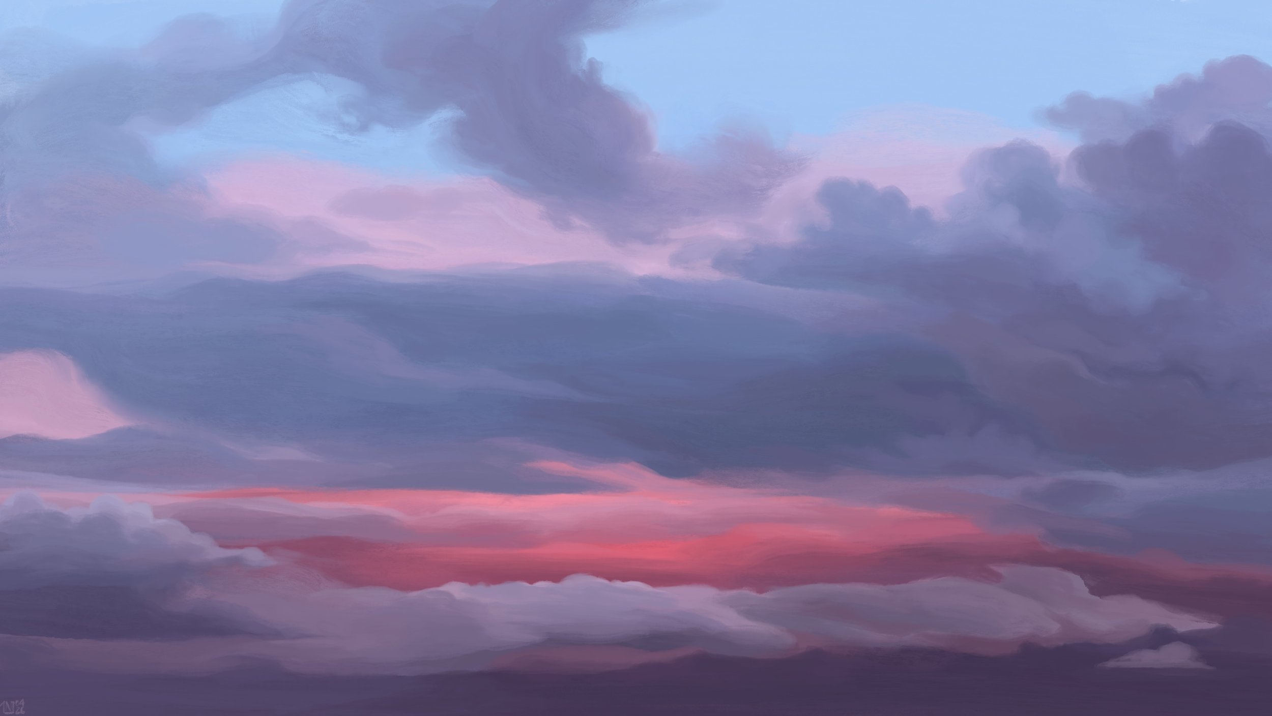 Digital painting of a sunrise sky: behind the clouds, it is a pale blue, but it is mostly overcast. The clouds are long, a bit scraggly, shades of pastel pink, bright pink, and purple, with another layer of blue-grey on top.