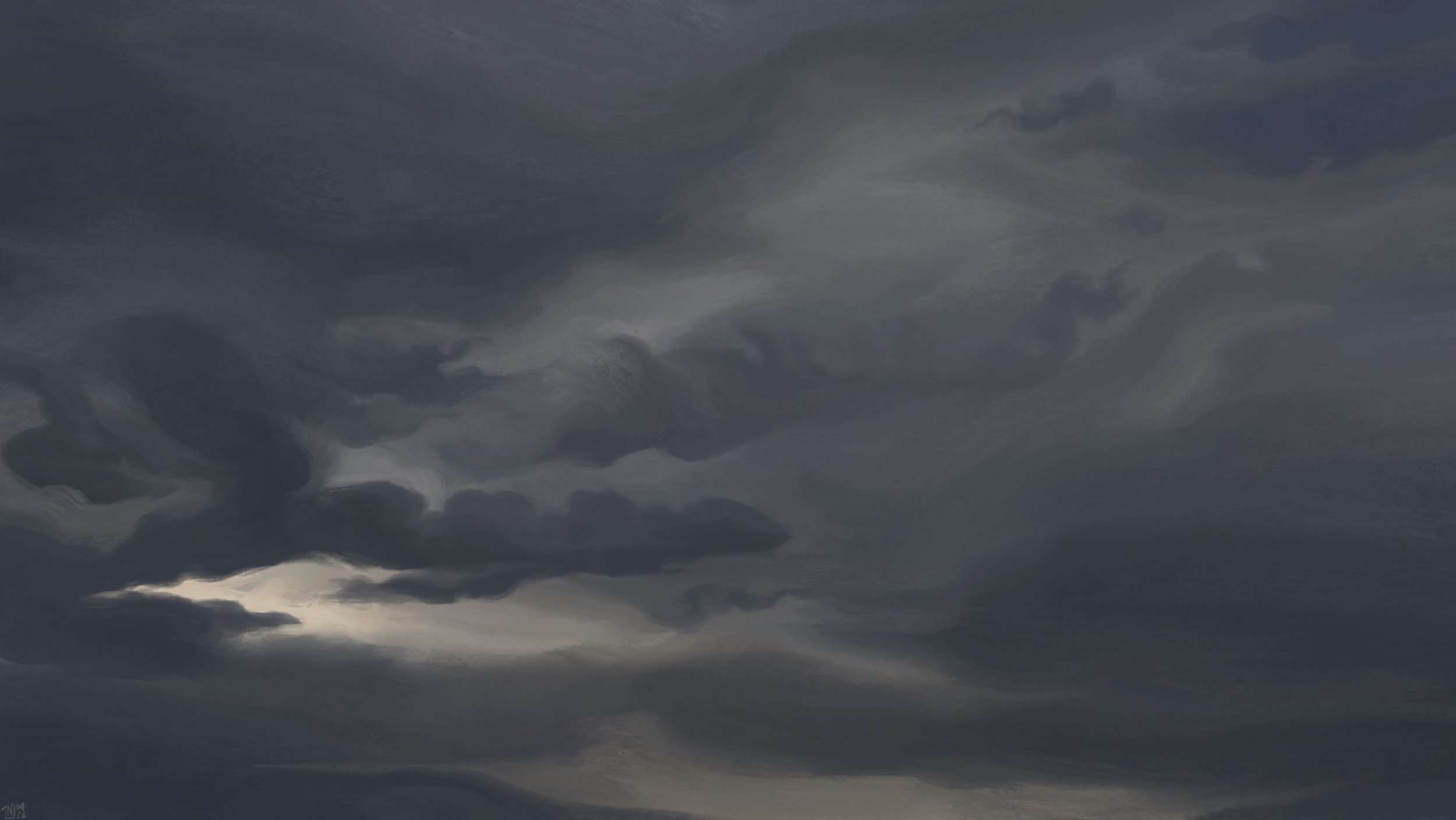 Digital painting of a dark grey, cloudy sky. There is dim light barely filtering through some gaps, but the rest of the sky is mostly opaque.