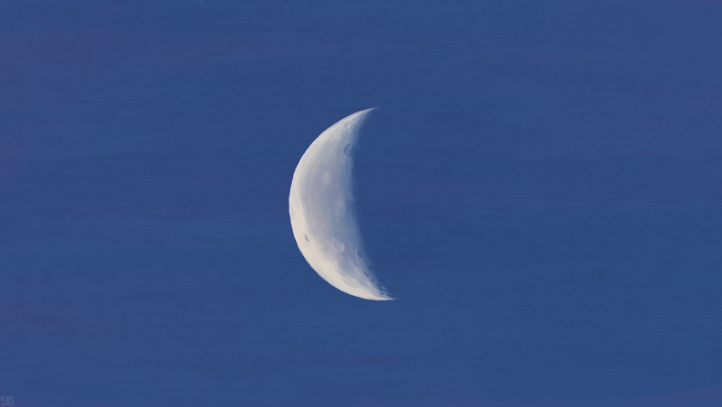 Digital painting of a waning crescent moon closeup in the daytime. The sky is a bright, clear blue, and the moon is in its centre, a few craters and mountains faintly showing.