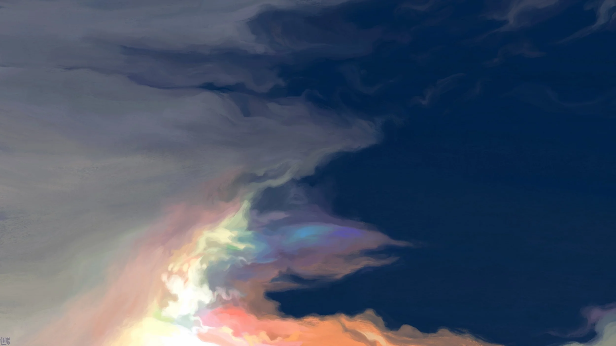 Digital painting of deep blue sky, half-covered in wispy silver clouds. There is bright iridescence coming up into the frame like flames, all shades of the rainbow, overshadowing the rest of the sky.