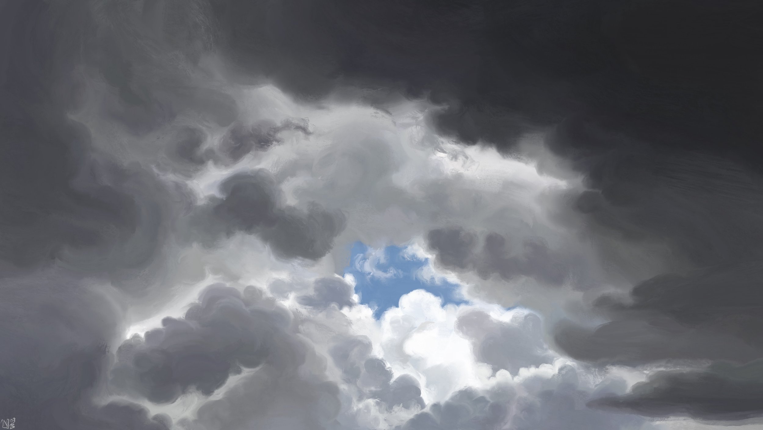 Digital painting of a cloudy sky, a mix of all shades of grey and white in unruly clouds. There is a small opening in the middle of the torn up sky that shows blue.