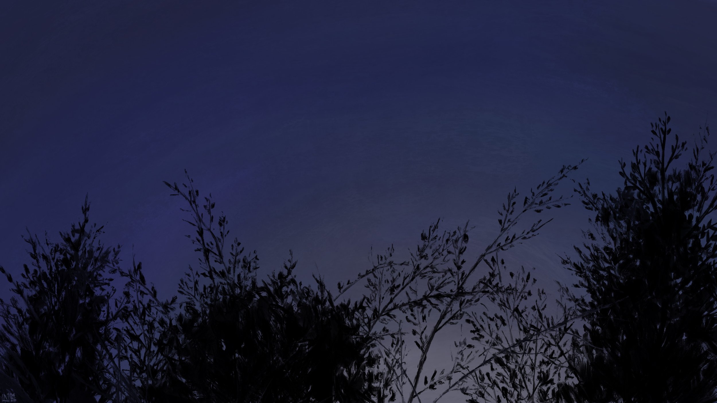 Digital painting of a night scene: dark trees stand out against a diffuse background. The sky is a dark blue, getting lighter in the lower half, where it is lit by city lights.