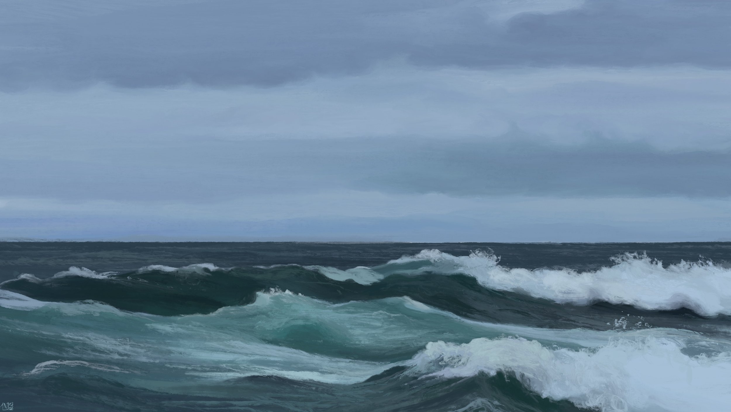 Digital painting of a stormy ocean scene: the sky is grey, long clouds blending with one another. The sea is dark, slate grey and blue with green undertones showing in the large, foamy waves.