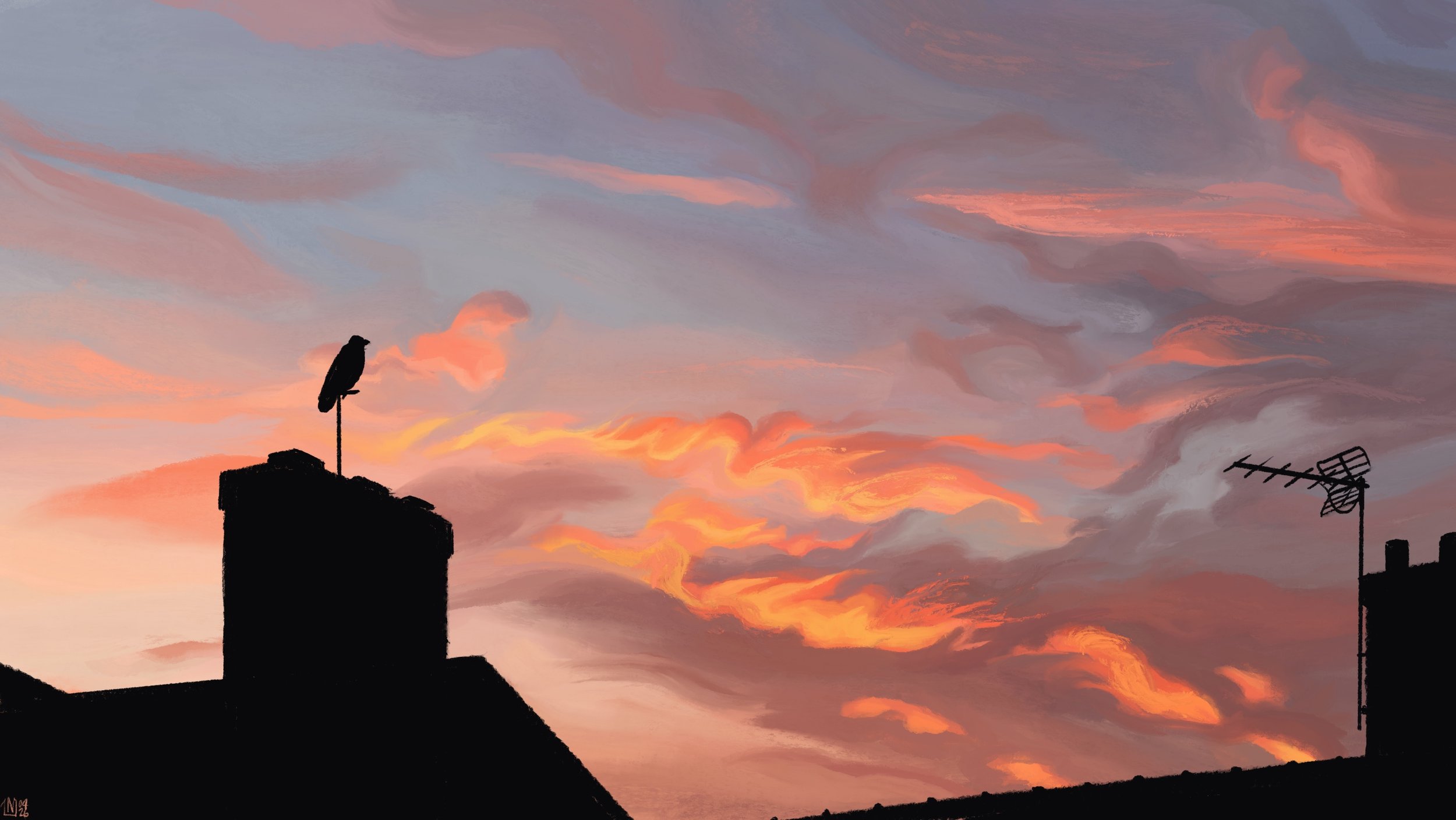 Digital painting of a sunset sky above dark roofs: pastel blue and orange, with smudges of dark orange and pink, and then bright yellow and orange on top. There is a bird perched on an antenna above a chimney.