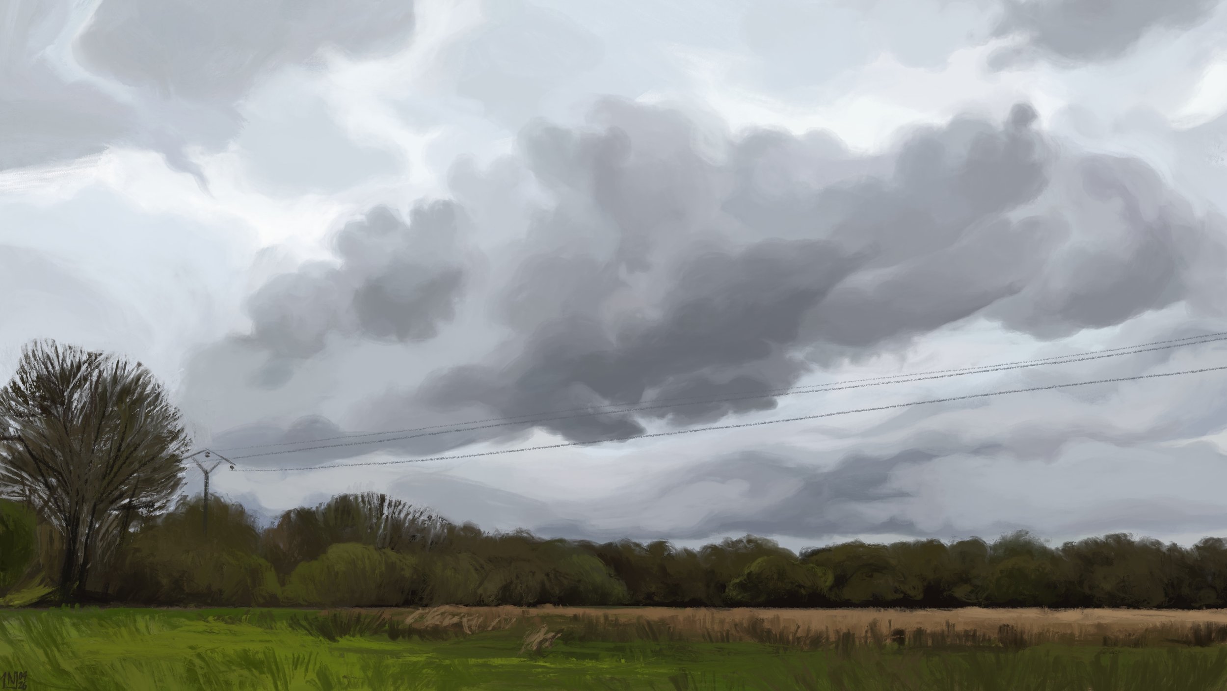 Digital painting of a countryside landscape: a dark grey, cloudy sky over some fields of grass. The trees on the horizon are just growing some leaves. There are phone lines running across the fields.
