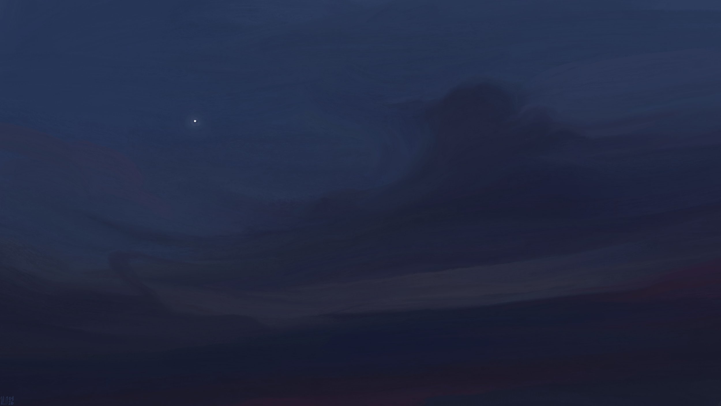 Digital painting of a dusk sky: it is getting dark, but the gauzy cirrus are still bearing some slight purple and pink tones. There is Jupiter glowing in the sky.