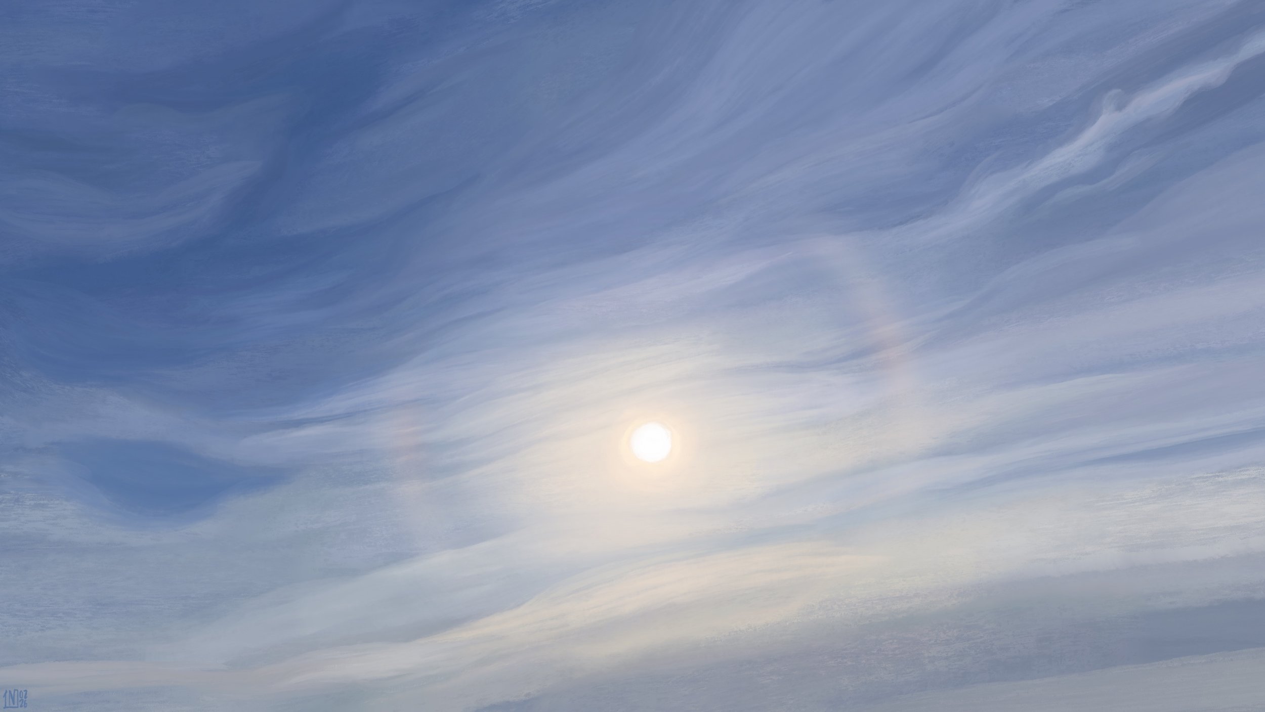 Digital painting of a blue sky covered in long, fibrous cirrus. In the centre of the frame, the sun is glowing through the clouds, and there is a faint, fuzzy halo around it.