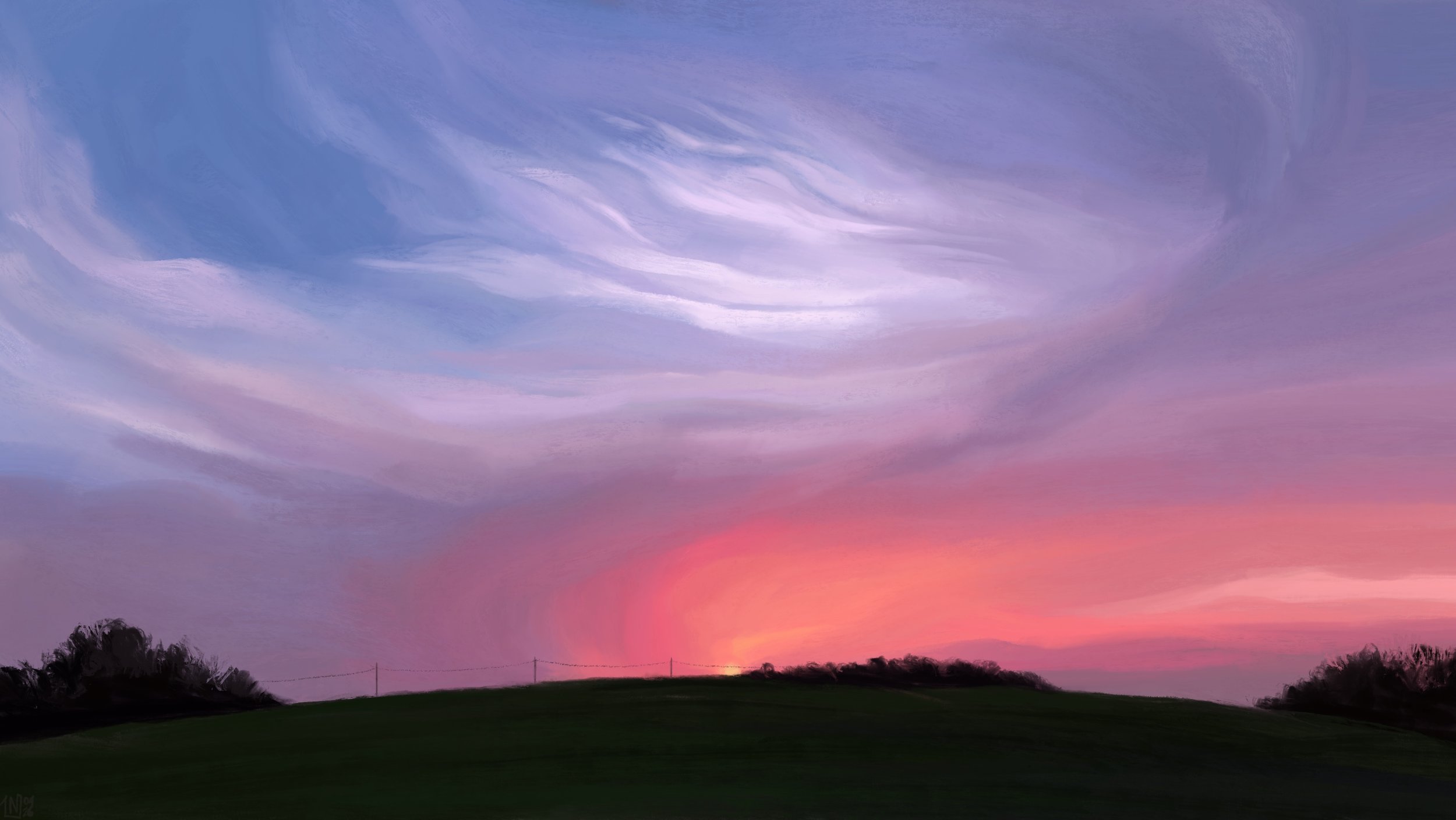 Digital painting of a sunset scene: the sun is disappearing behind a green hill, with a few trees and a phone line running between poles in the distance. The clouds are gauzy, bright pink around the sun, white on top, sweeping the sky.