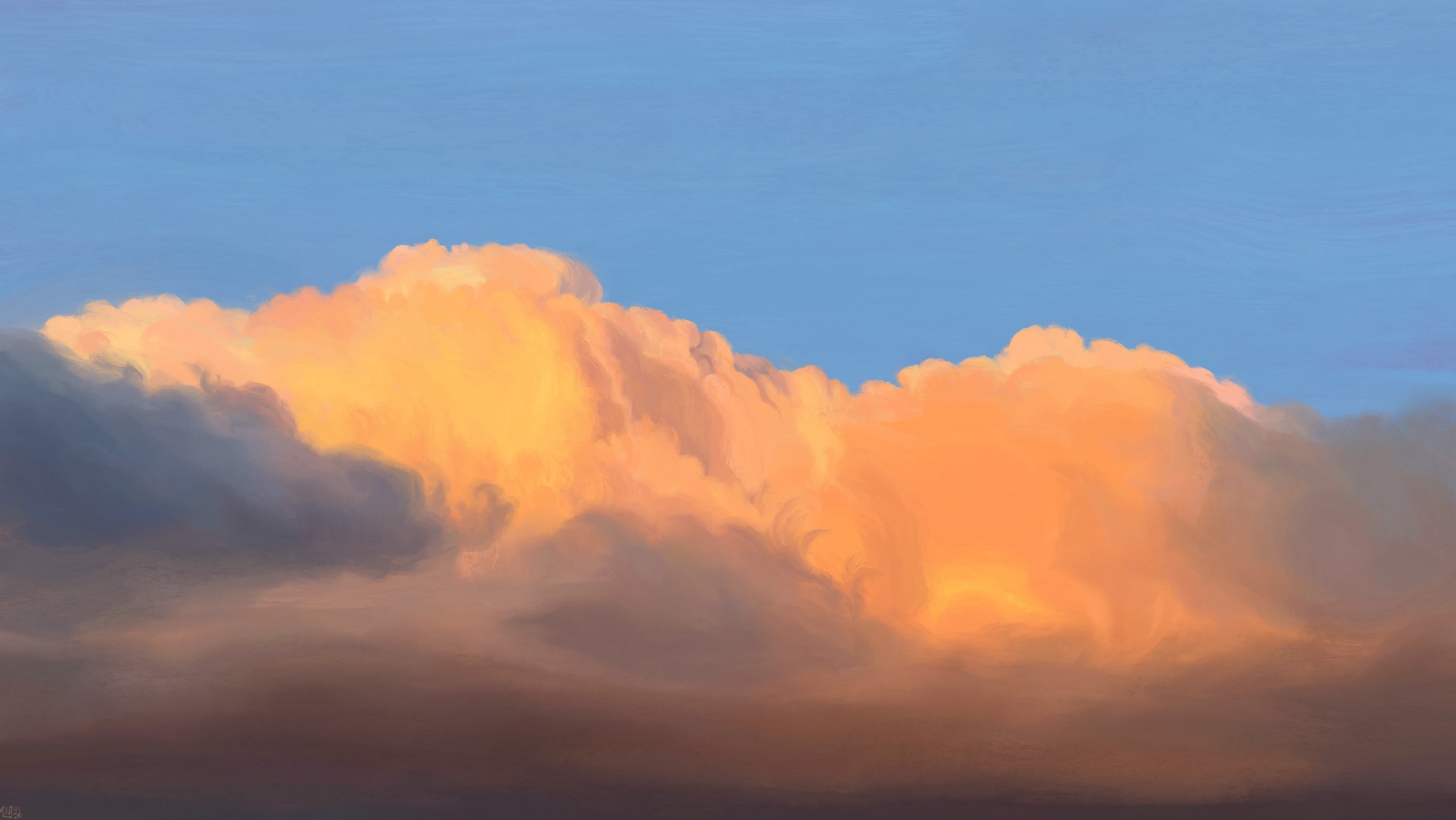 Digital painting of a sunset sky: tall, voluminous clouds rising into the blue sky, caught in golden light, grey and brown in the shade.