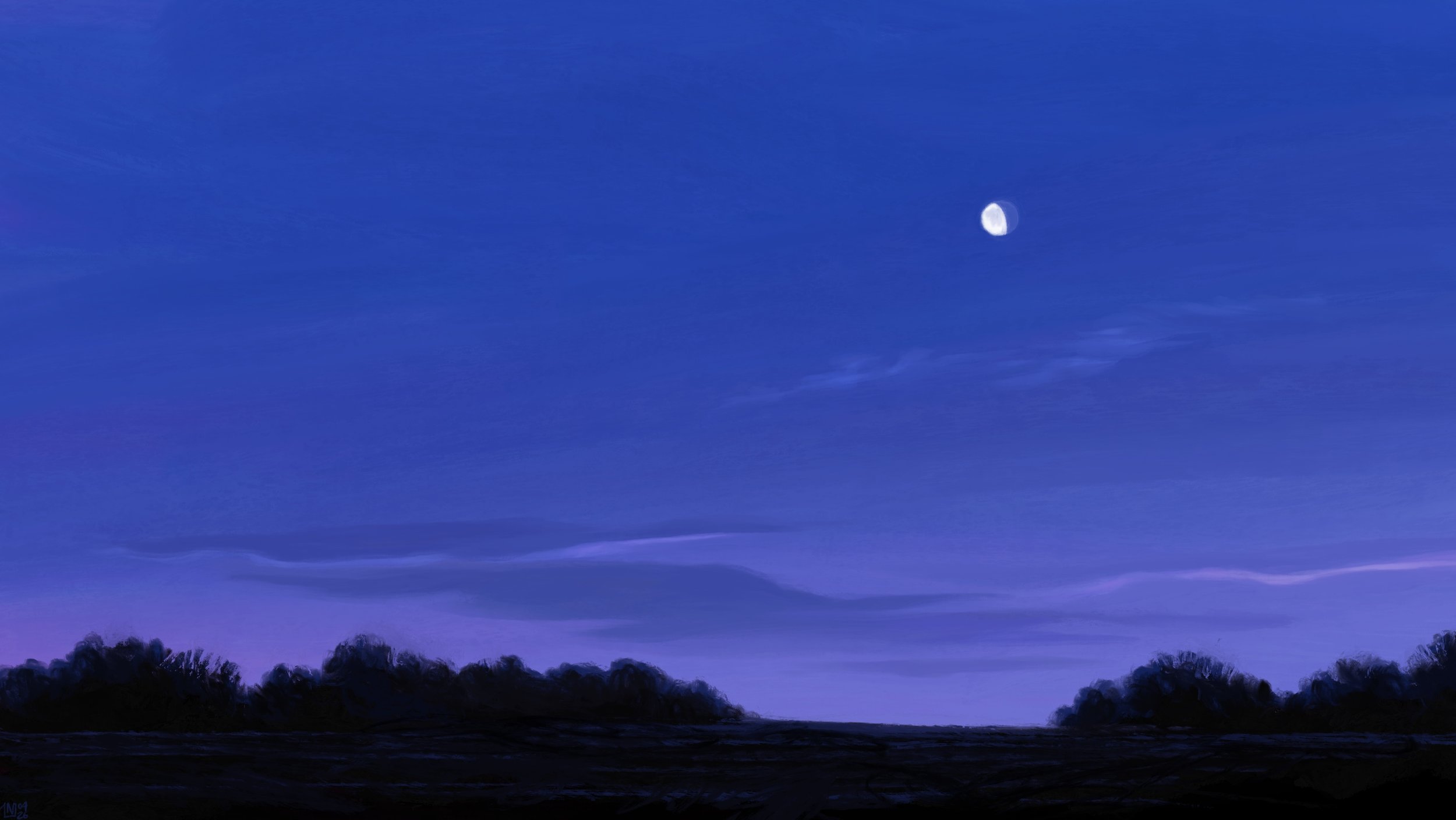 Digital painting of a pre-dawn scene: above dark fields and trees, the sky is blue and lilac. There is a waning gibbous moon there, as well as a few sparse, pale clouds.