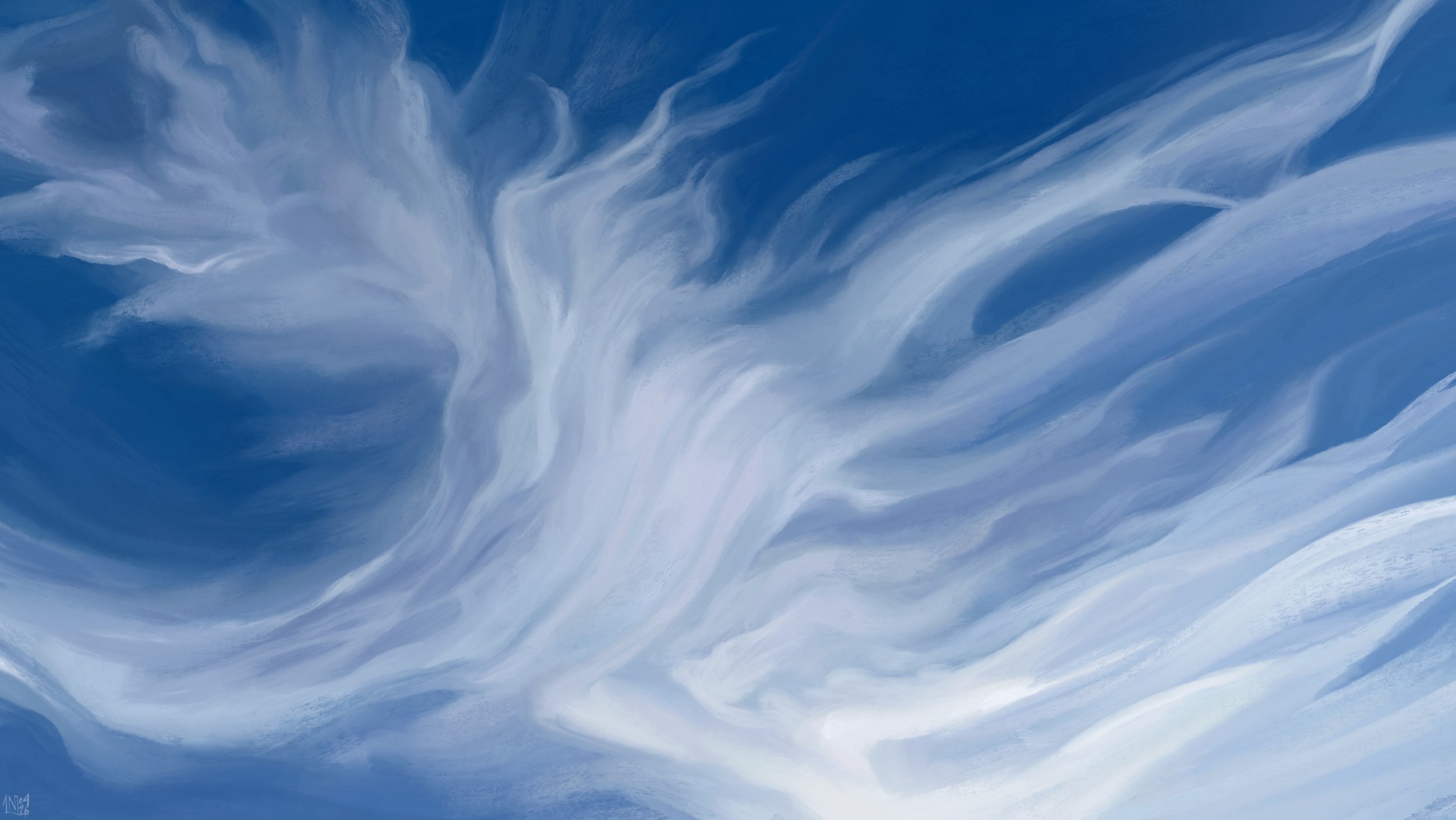 Digital painting of a bright blue sky filled with cirrus, translucent clouds of ice creating long, tortuous, white shapes.