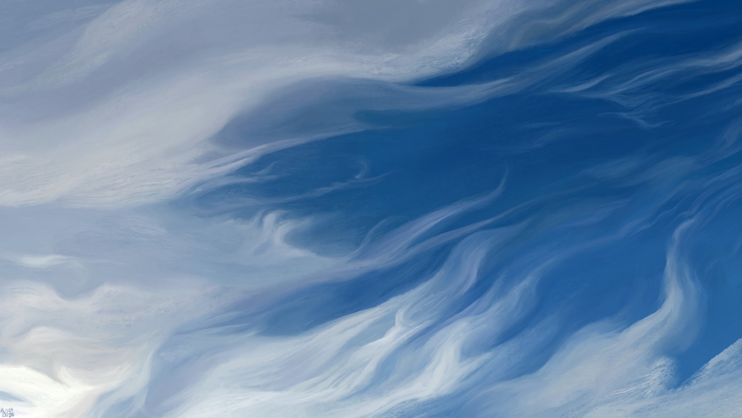 Digital painting of a blue sky filled with long, wispy, fibrous cirrus clouds flowing from the lower left corner of the frame.