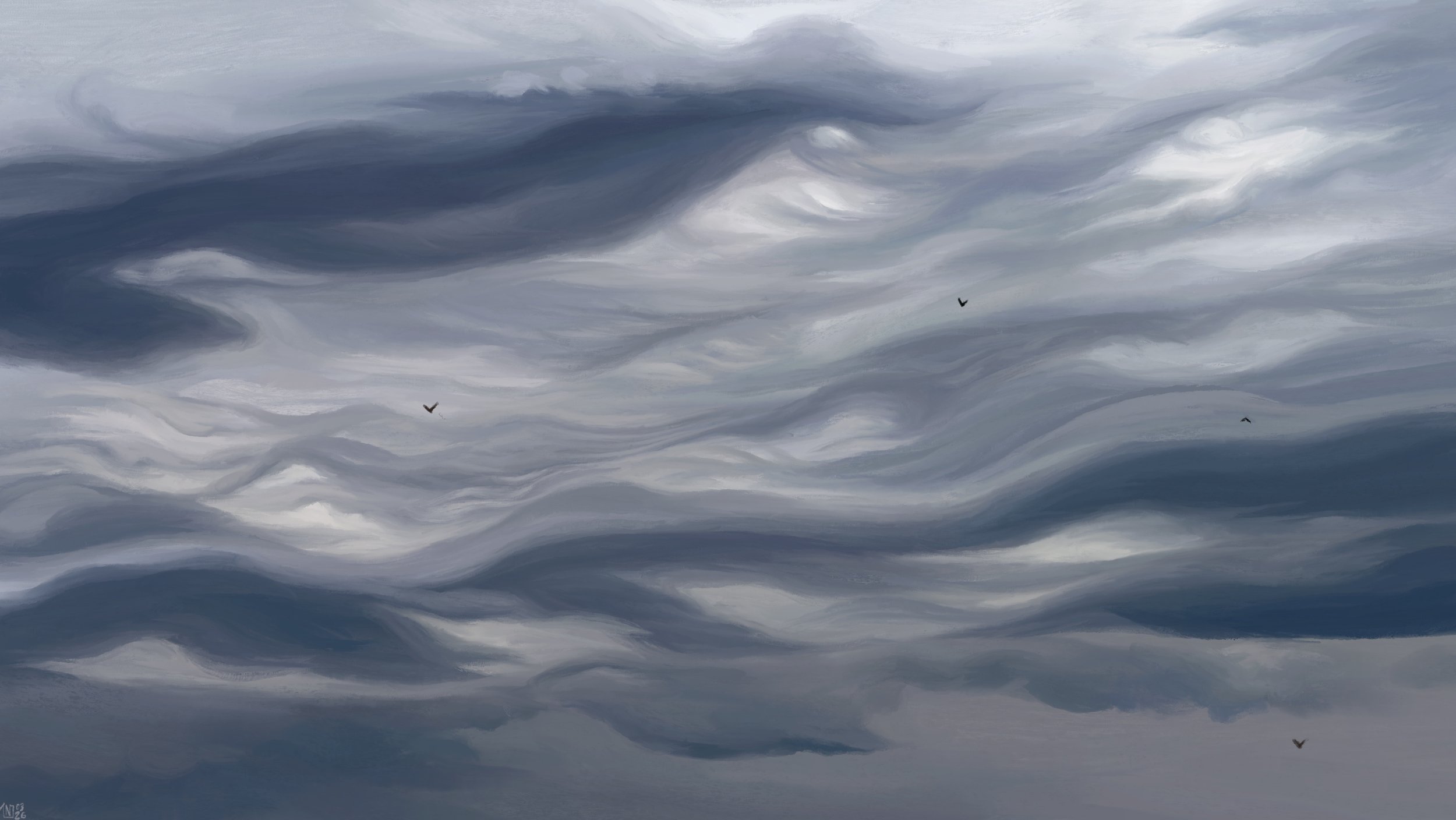 Digital painting of a cloudy sky, full of deep, wavelike patterns. There is strong contrast in the lighting, dark shadows and bright highlights. There are a few birds flying around.