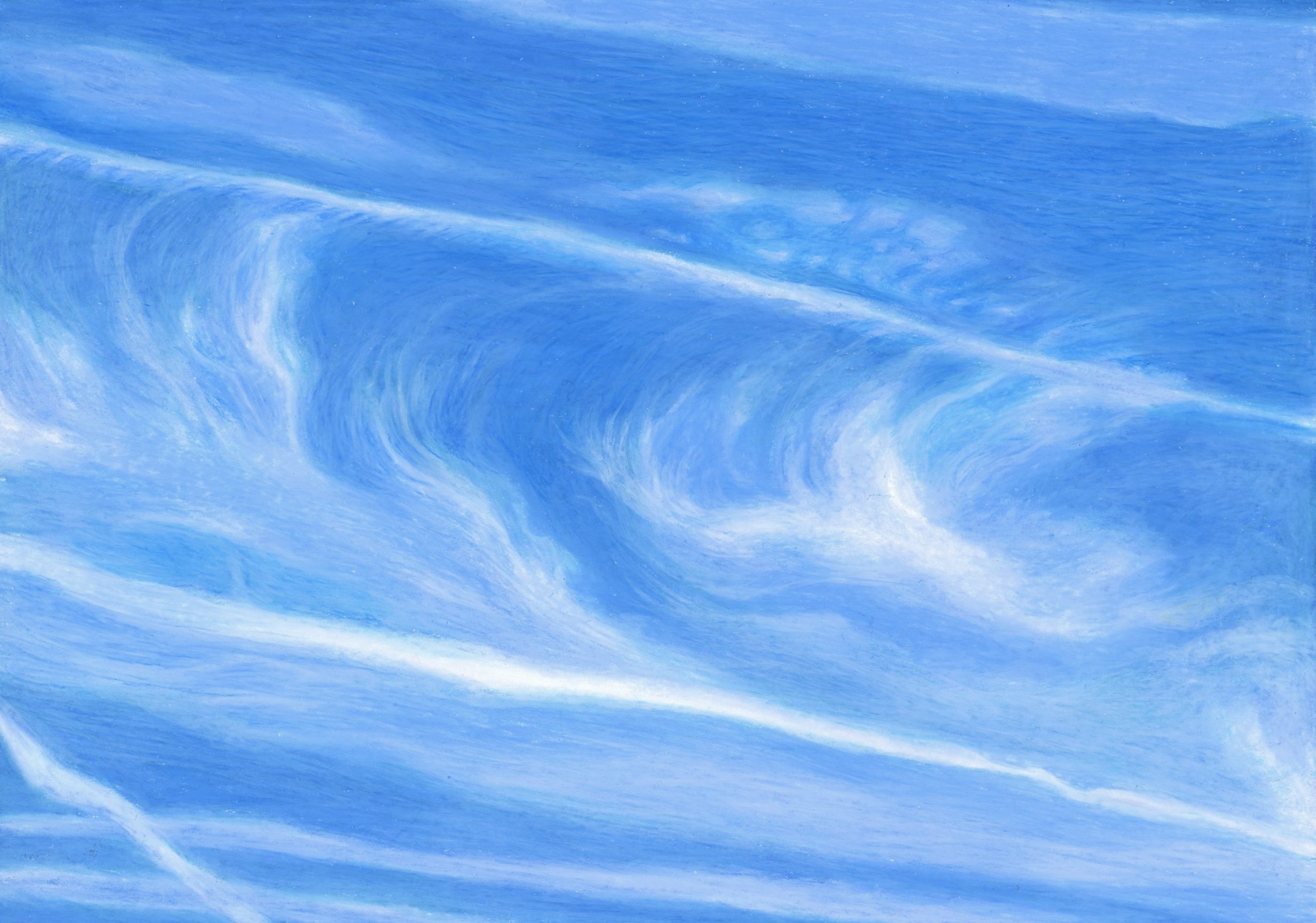 Wax pastel of a bright blue sky filled with cirrus and contrails. They are white, gauzy, feather-like clouds, and long, thin lines stretched across the sky.