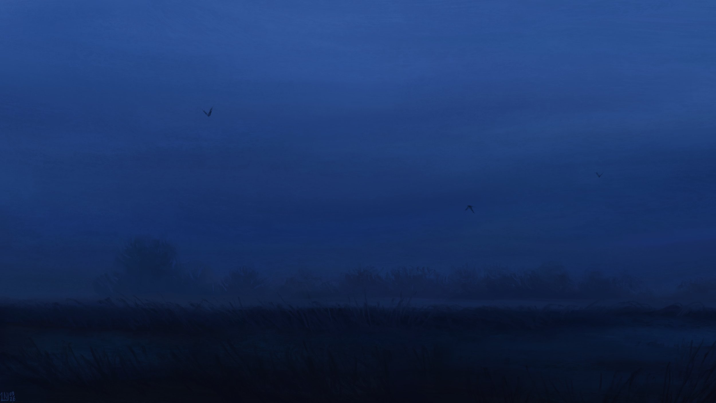 Digital painting of a foggy twilight scene in a field. There are faint outlines of trees in the distance through low fog, the sky is opaque. There is dim blue lighting over the whole landscape. A few birds are flying in the sky.