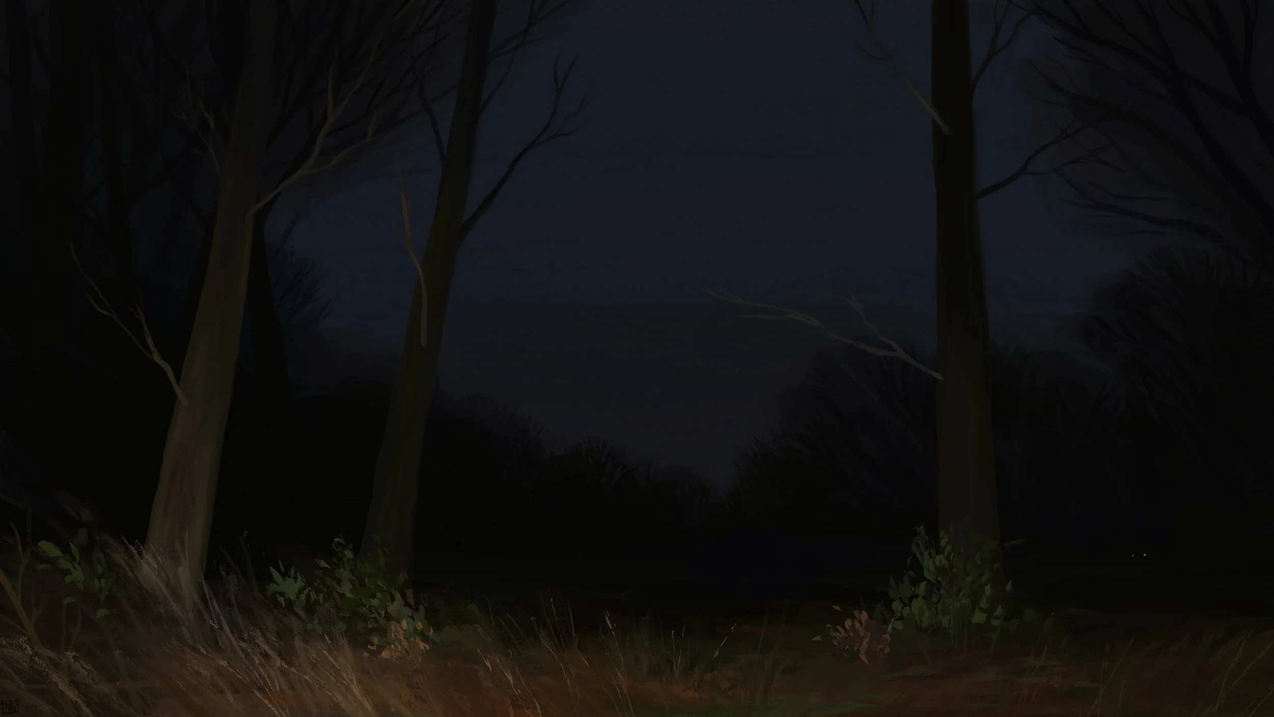 Digital painting a dark night scene, bare autumn trees detaching against a dark blue, opaque sky. Out of frame, dim yellow light catches the foreground in contrast with the rest of the scene.
