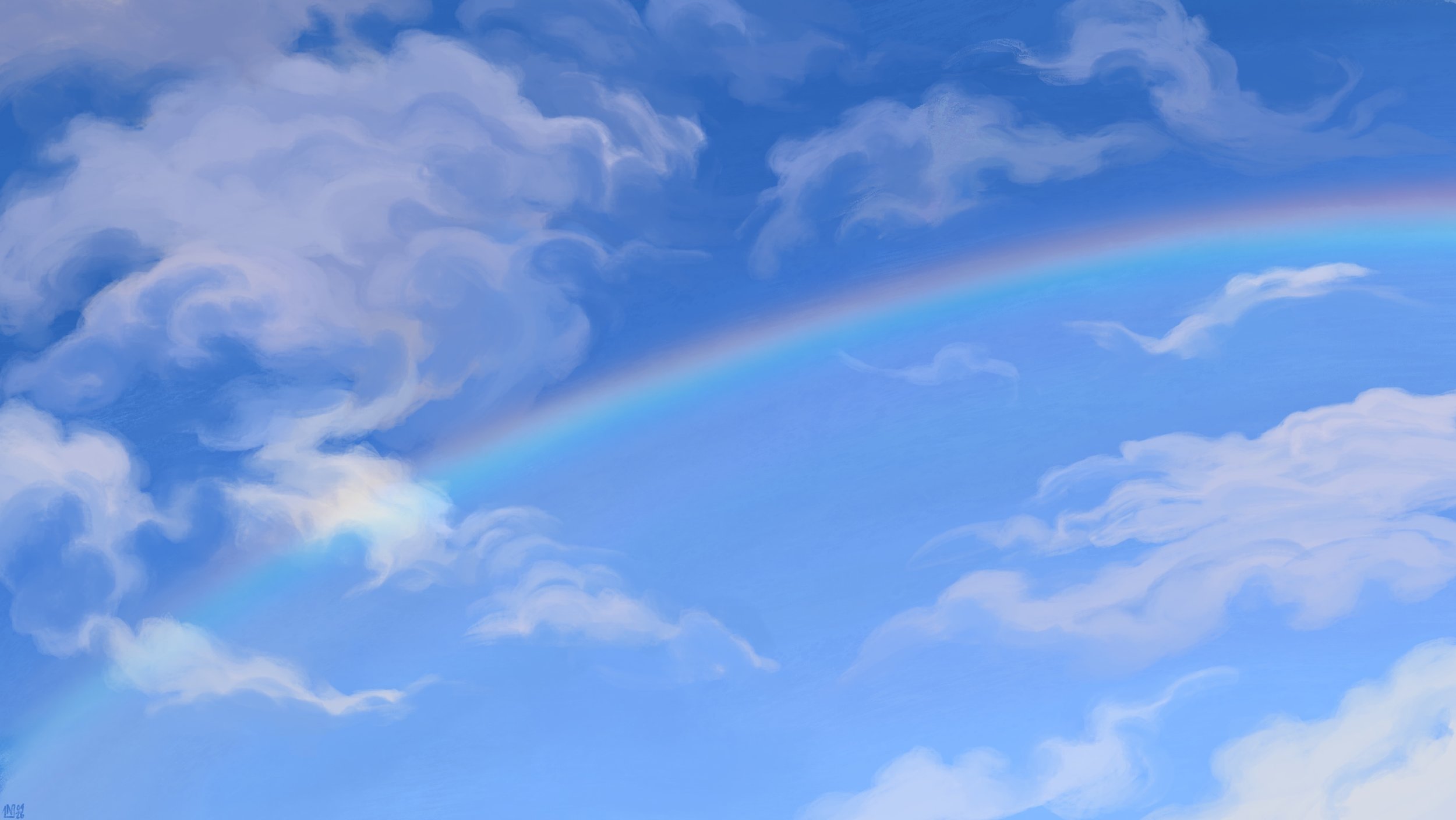 Digital painting of a bright blue sky filled with scattered, scraggly white clouds. There is a rainbow crossing the frame, over the clear sky.