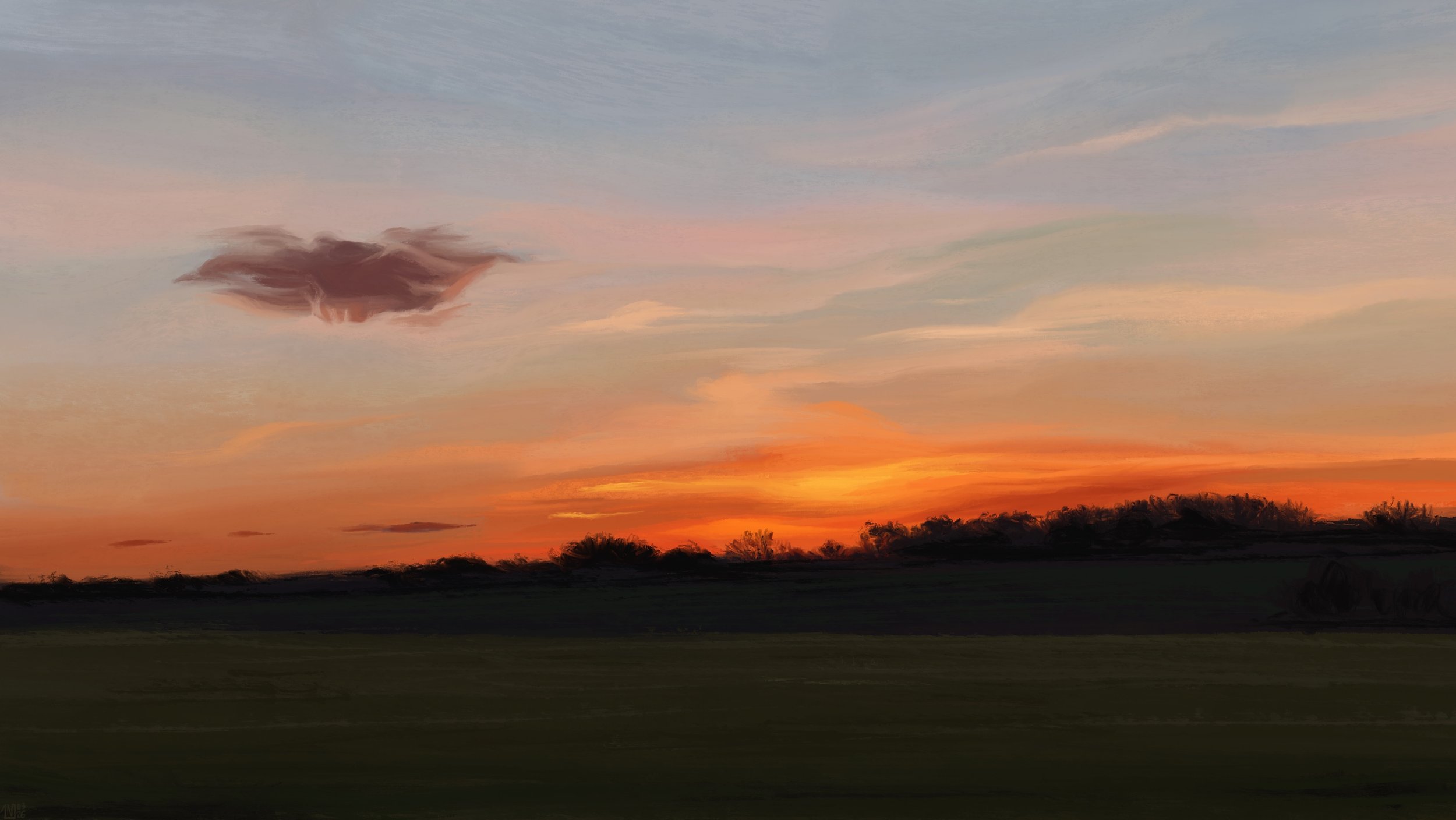 Digital painting: sunset sky over fields of grass, dark, bare trees on the horizon. Cirrus in the sky, long, wispy, translucent. The sky is a gradient of pale blue to dark orange, a spot of brightness over where the sun used to be.