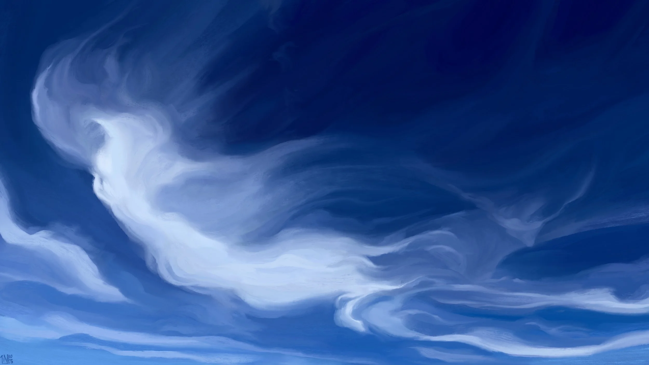 Digital painting of a vibrant blue sky filled with swirly, wispy cirrus, a long comma leaving trails and bits behind.