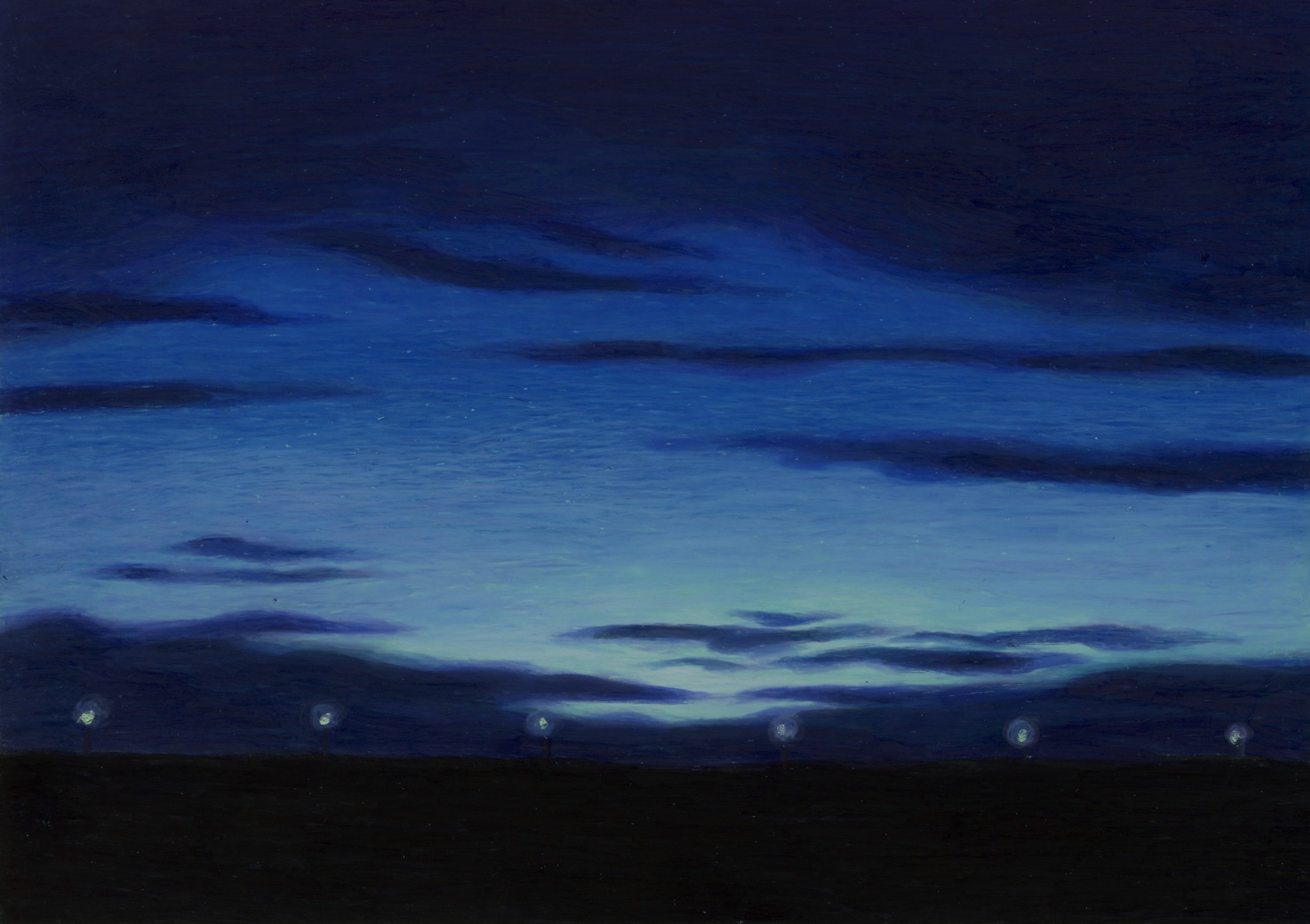 Wax pastel drawing of a very early morning scene: the sky is a gradient of dark to light blue, with a tinge of green over the horizon. There are dark blue clouds in the sky, long and thin, mostly at the top and the bottom. Distant street lights.