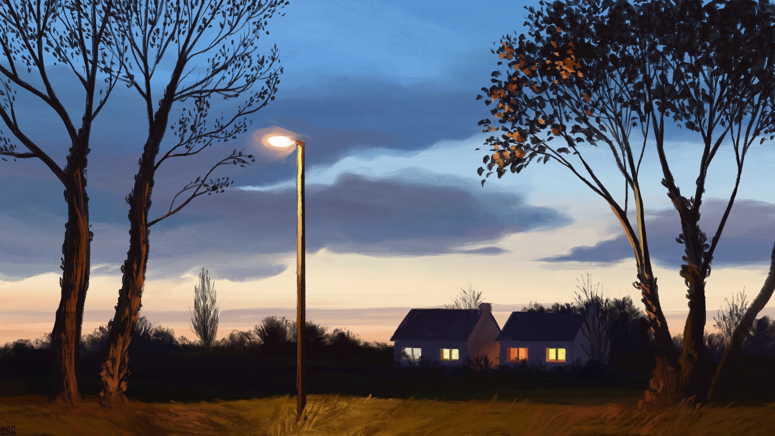 Digital painting of a dusk scene: the sky is a pastel gradient of blue to yellow, partially obscured by blue clouds. There are two houses with lit windows in the background, surrounded by some trees. In the foreground, a lit street lamp, more trees.
