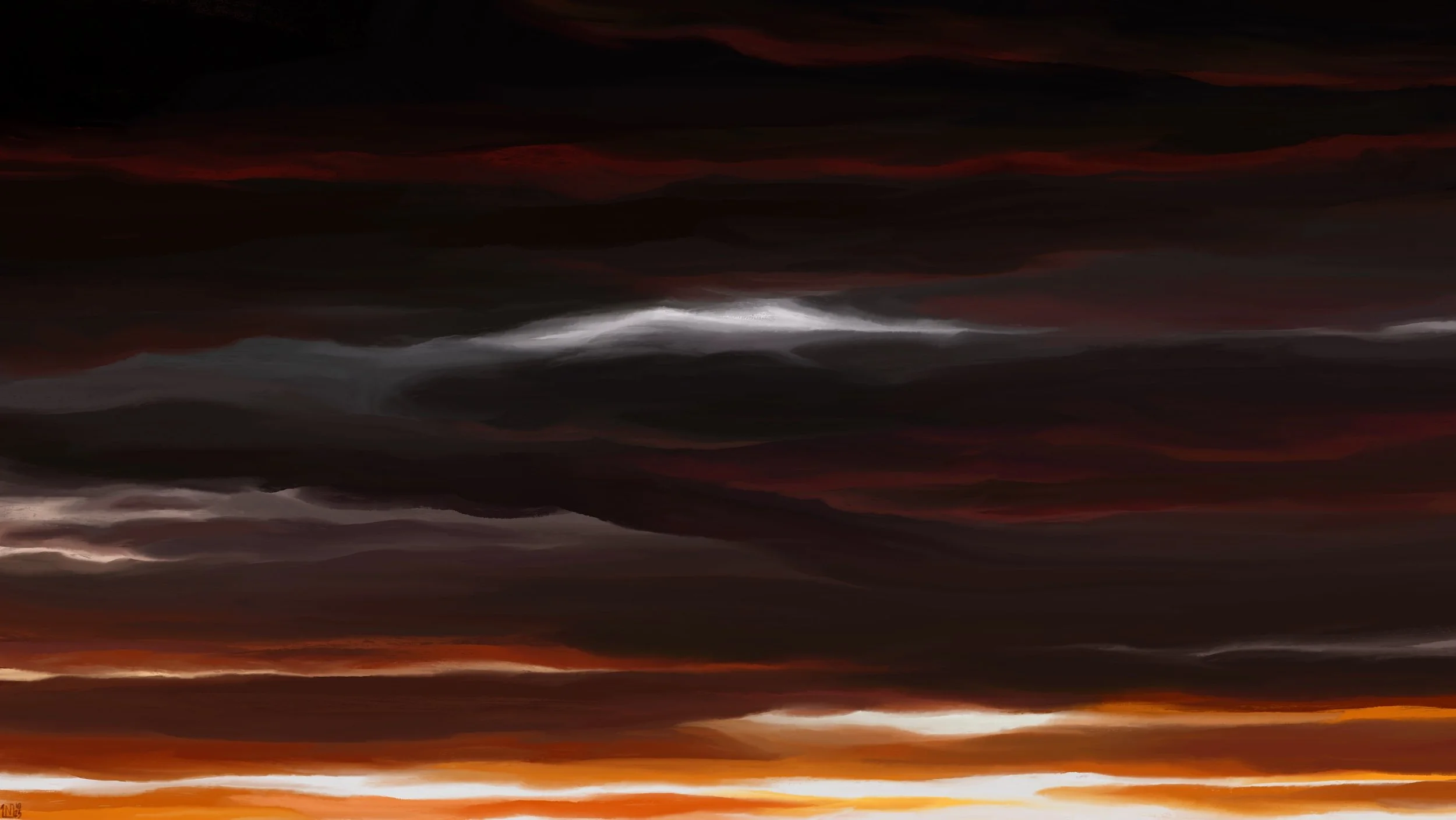 Digital painting of a dark sunset sky, long, heavy, black and dark grey clouds letting red and orange light bleed through the gaps.
