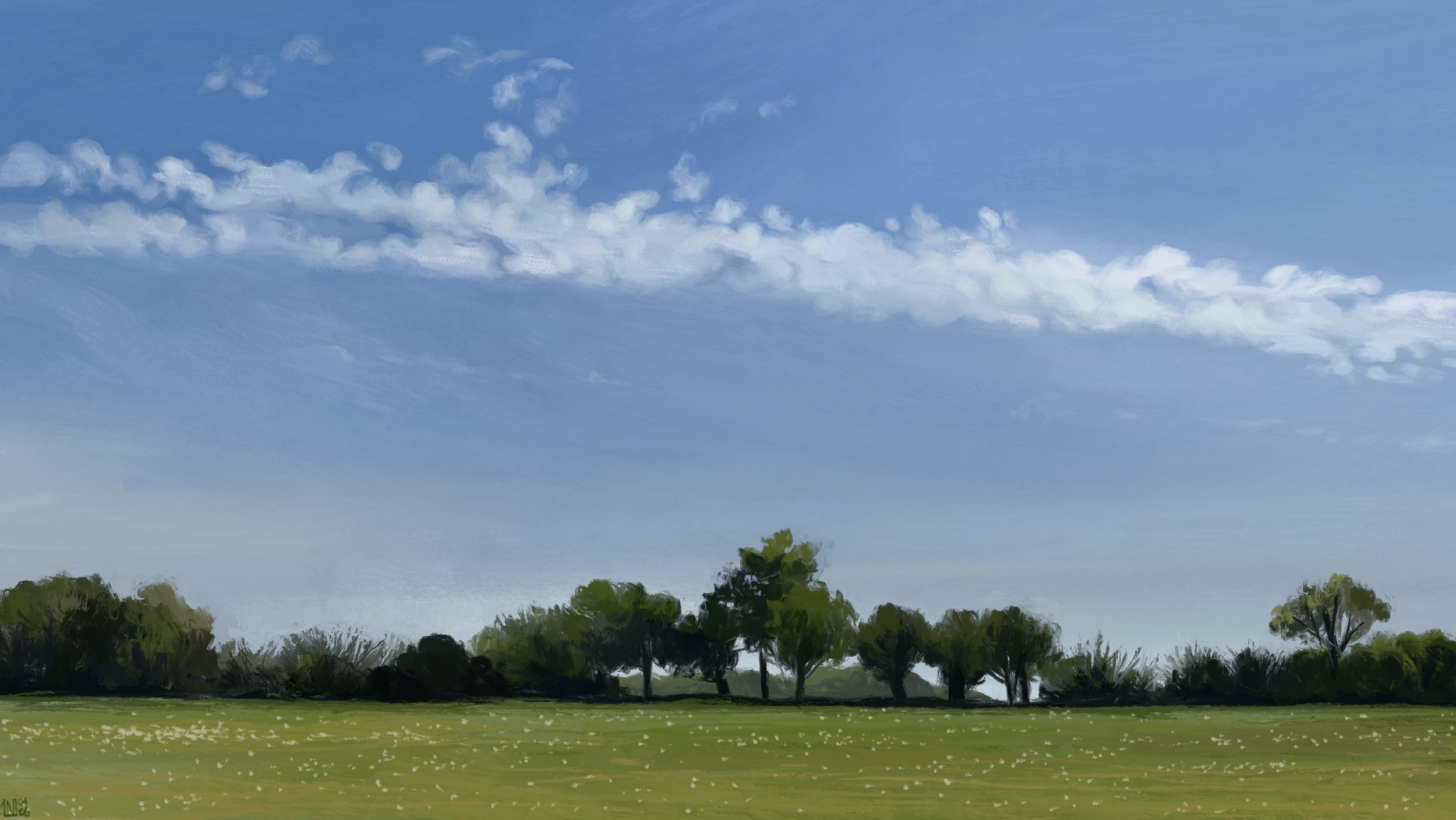 Digital painting of a sunny countryside landscape: the sky is blue, with a strip of small, fluffy white clouds agglomerated together. There is a green field dotted with small, white flowers, and a line of trees on the horizon.