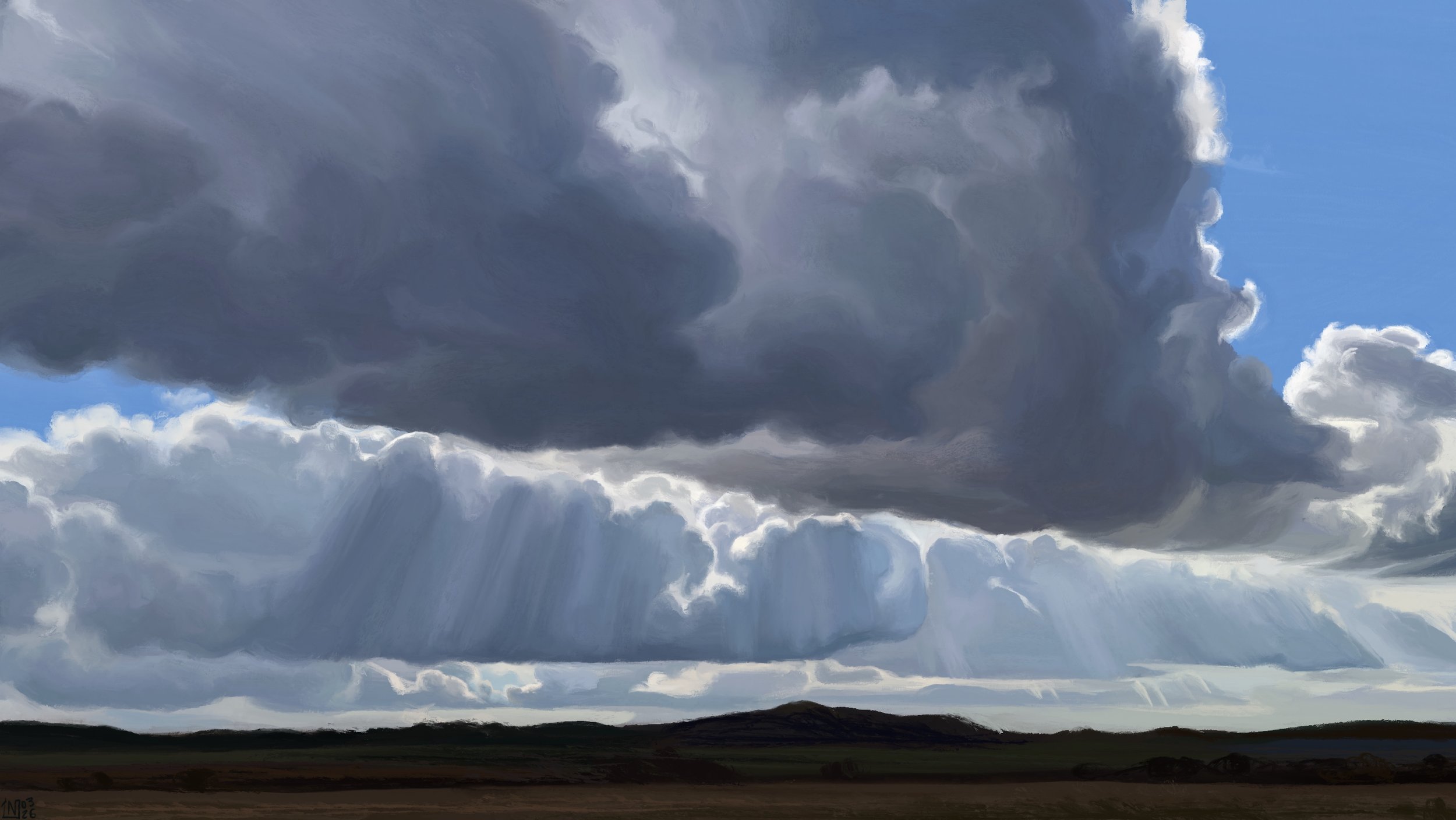 Digital painting of a cloudy landscape: there are small mountains on the horizon, and fields in the foreground. The sky is filled with long, voluminous clouds separated by thin gaps that let sun rays straight through. The landscape is in the shadows.