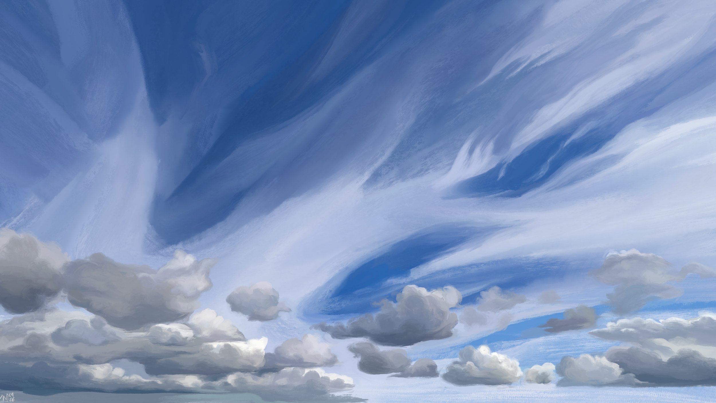 Digital painting of a wide sky, large cirrus spanning the width of the frame, with cumulus moving in rows in the bottom third of it.