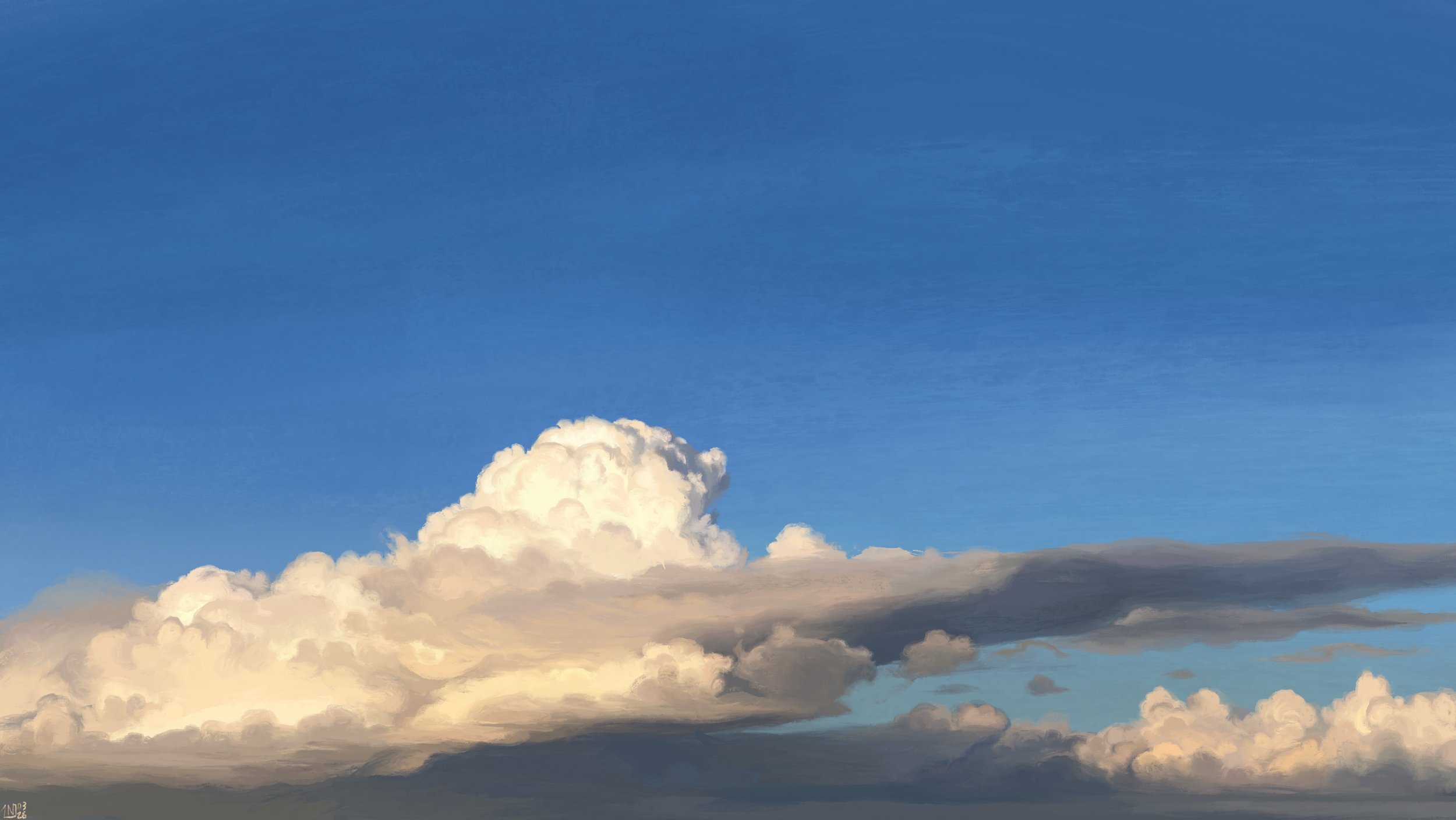 Digital painting of a bright blue sky with voluminous clouds rising from the lower half of the frame. They are dark grey, flat at the bottom, but bubbling upwards on top, lit in warm yellow light.