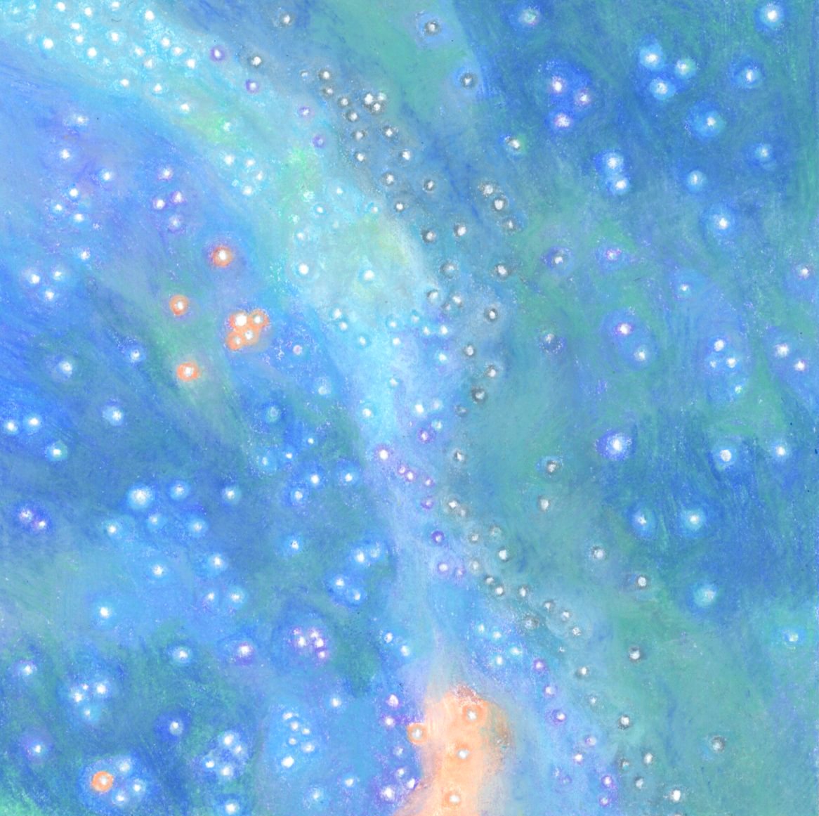 A square pastel drawing of a night sky, mostly clear, dark blue, with a few stars, and long, lighter blue clouds above the horizon. There are dark trees in the distance.