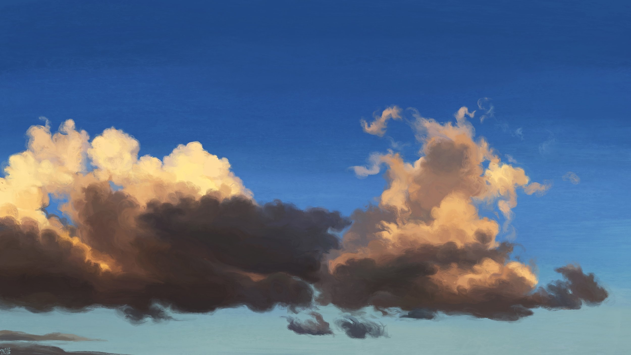 Digital painting: in a blue sky, some clouds with jagged edges are glowing yellow in late afternoon light. They are dark grey everywhere else.