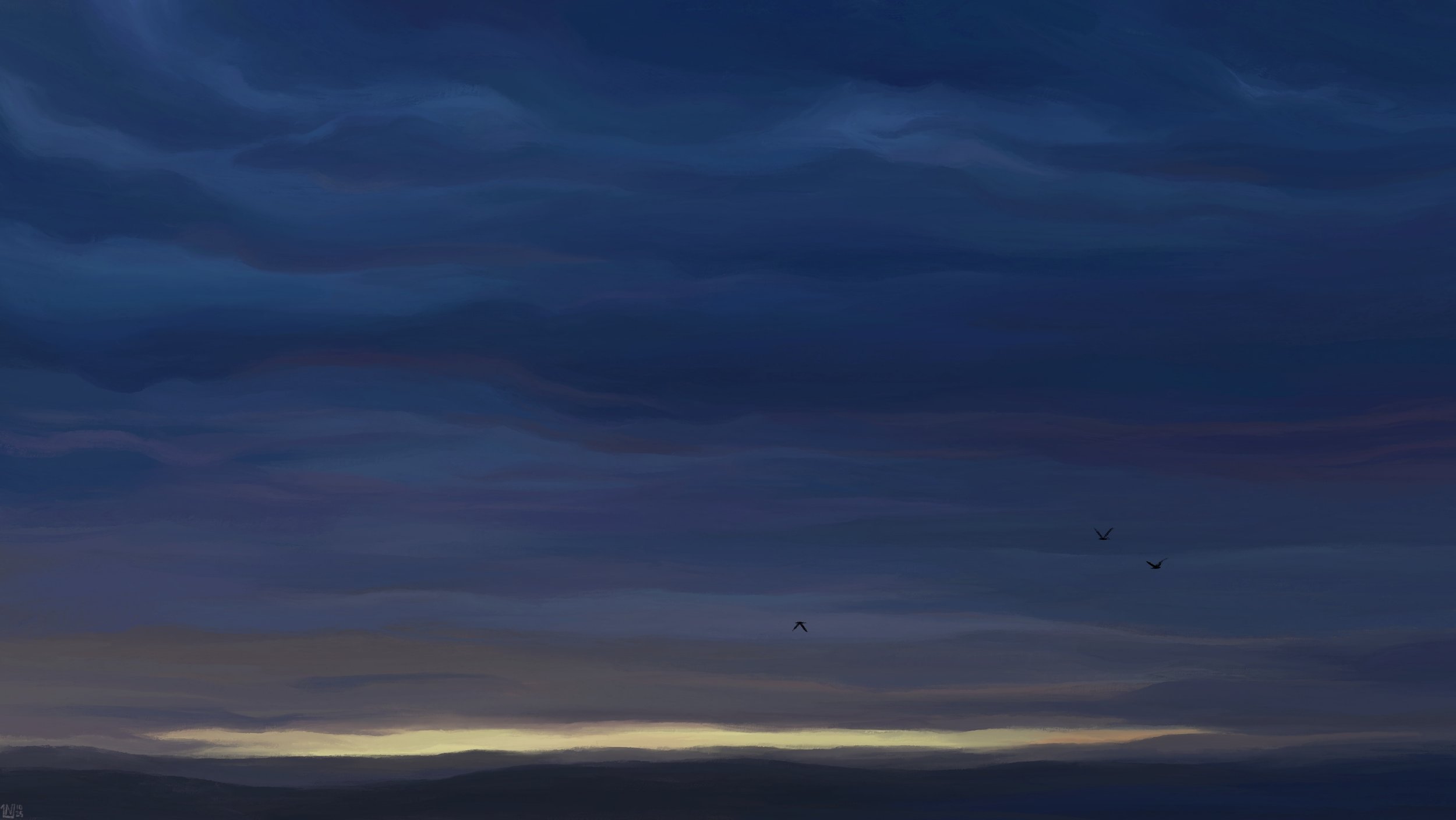 Digital painting of a twilight sky, dark blue-grey clouds split by a bright stripe of pale yellow. There is a slight pink hue tinting a few clouds, and a couple of birds flying.