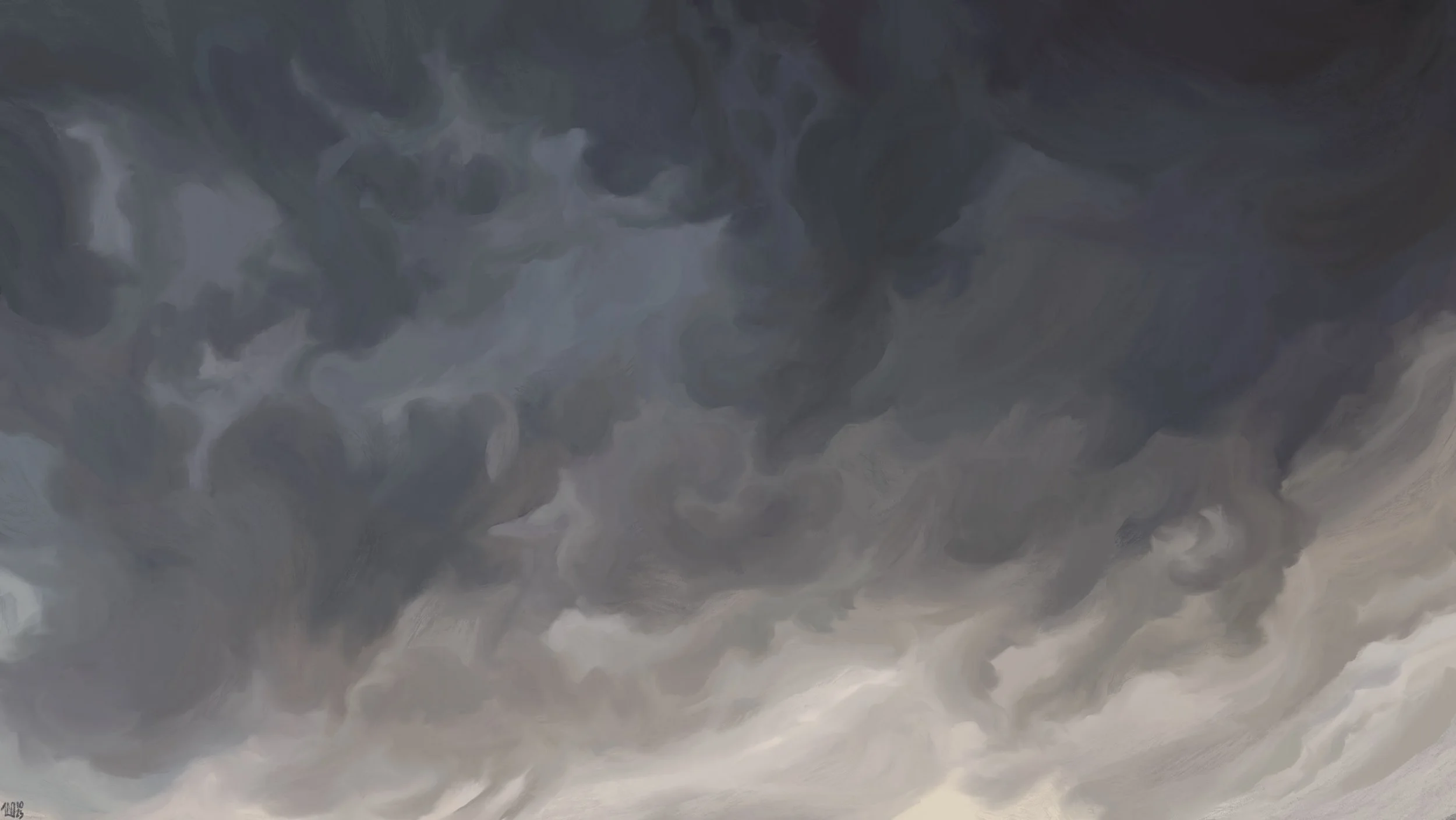 Digital painting of a dark, stormy sky. The clouds are churning in complicated patterns, blue grey at the top of the frame, slightly yellowish light coming through the bottom.