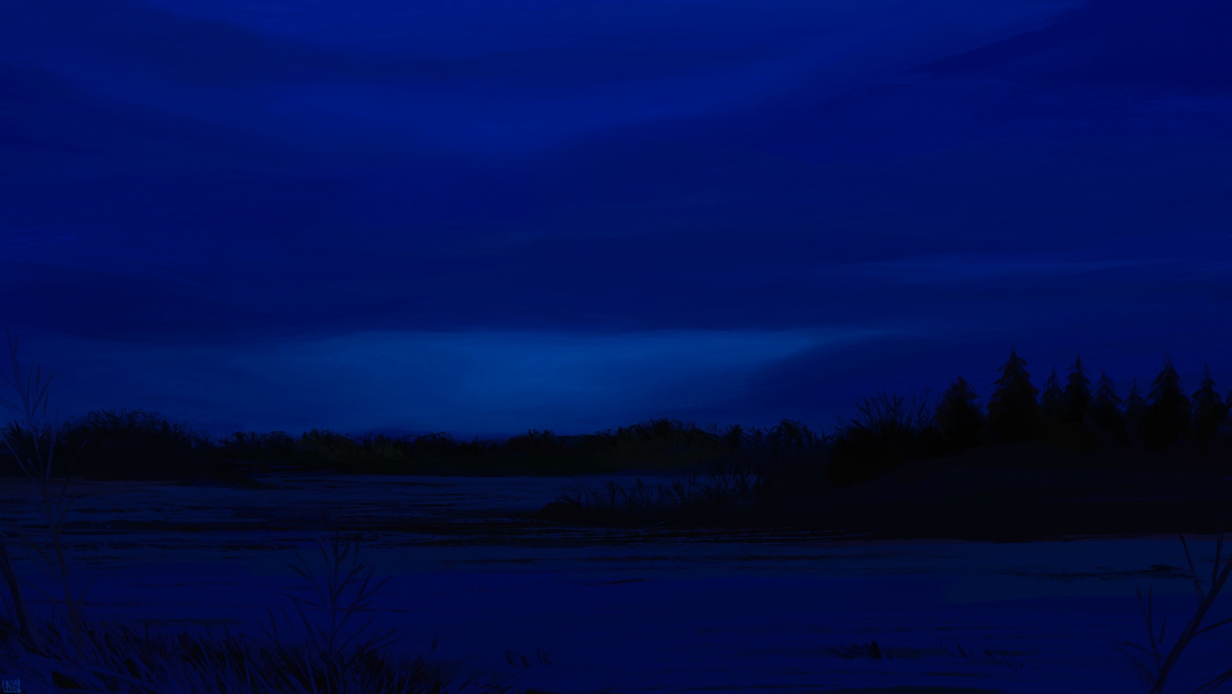 Digital painting of a dark, snowy landscape before sunrise. The layer of snow is thin on the fields, and the trees are bare. The sky is cloudy, dark blue, slightly lighter above the horizon.