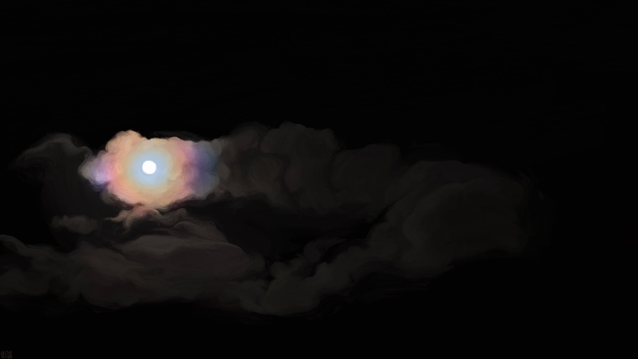 Digital painting of a night sky, a full moon glowing behind a group of clouds. Around the moon is an iridescent glow, more diffuse than a halo. Behind the backlit clouds, the sky is pitch black.