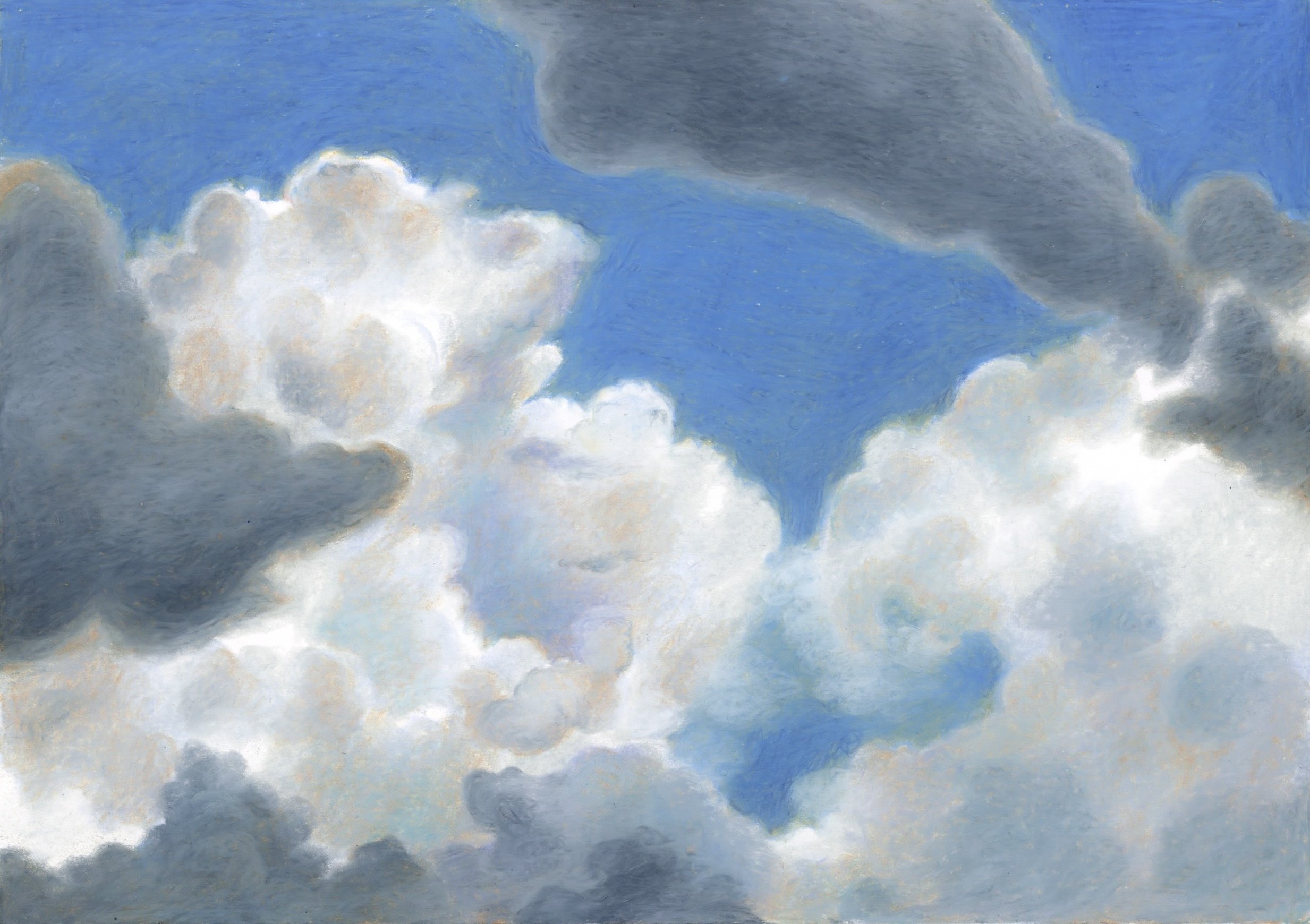 Wax pastel drawing of a partly cloudy sky: large, voluminous white clouds rising, and a few loose, dark grey clouds.
