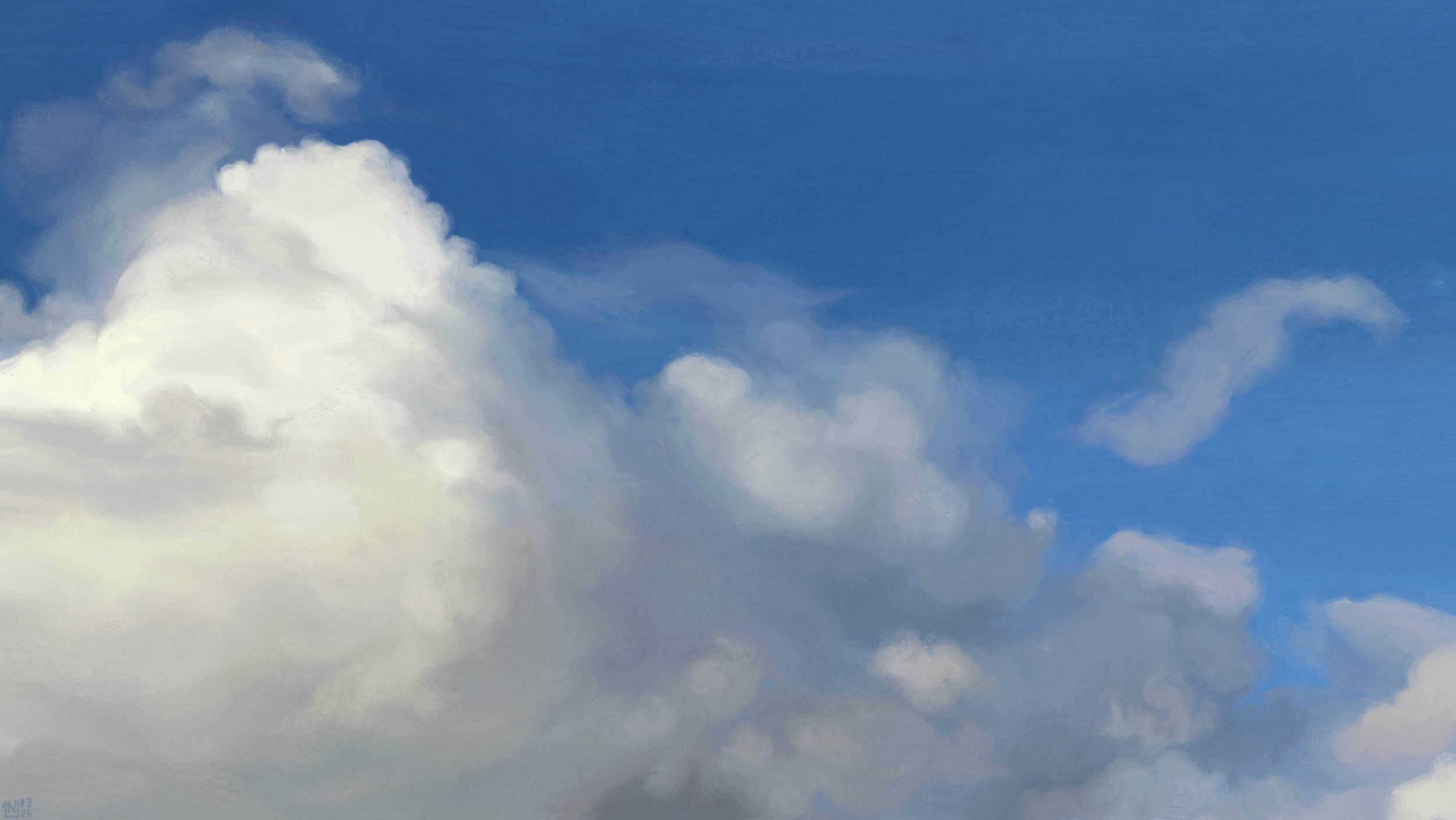 Digital painting: in a blue sky, large, soft blobs of clouds. There is some volume to them, but it remains bubbly instead of looming. They are white, light grey in the shadows.