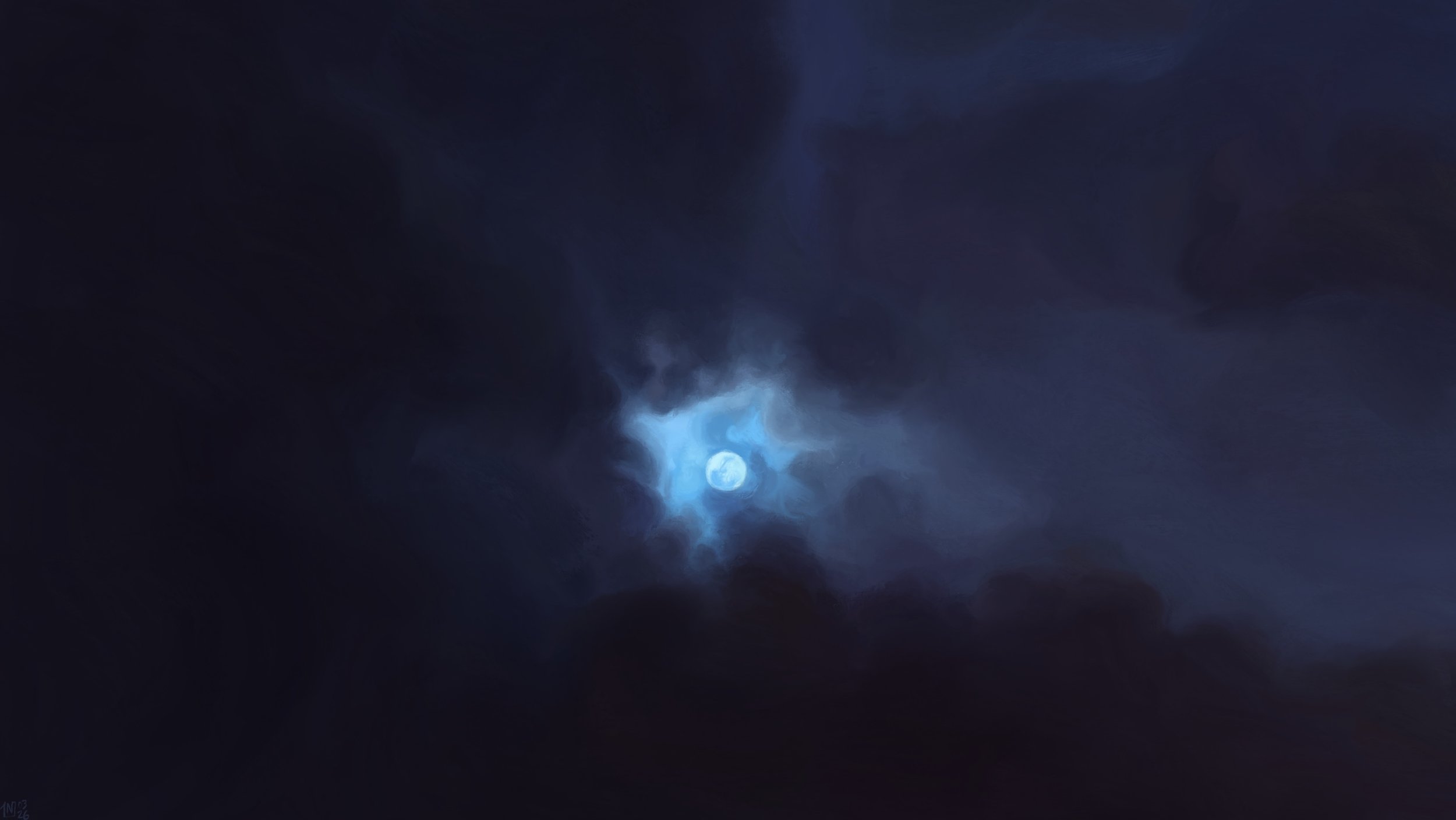 A dark blue, cloudy night sky, with the full moon appearing through a small gap in the middle of the frame. Its glow is radiating through the clouds.