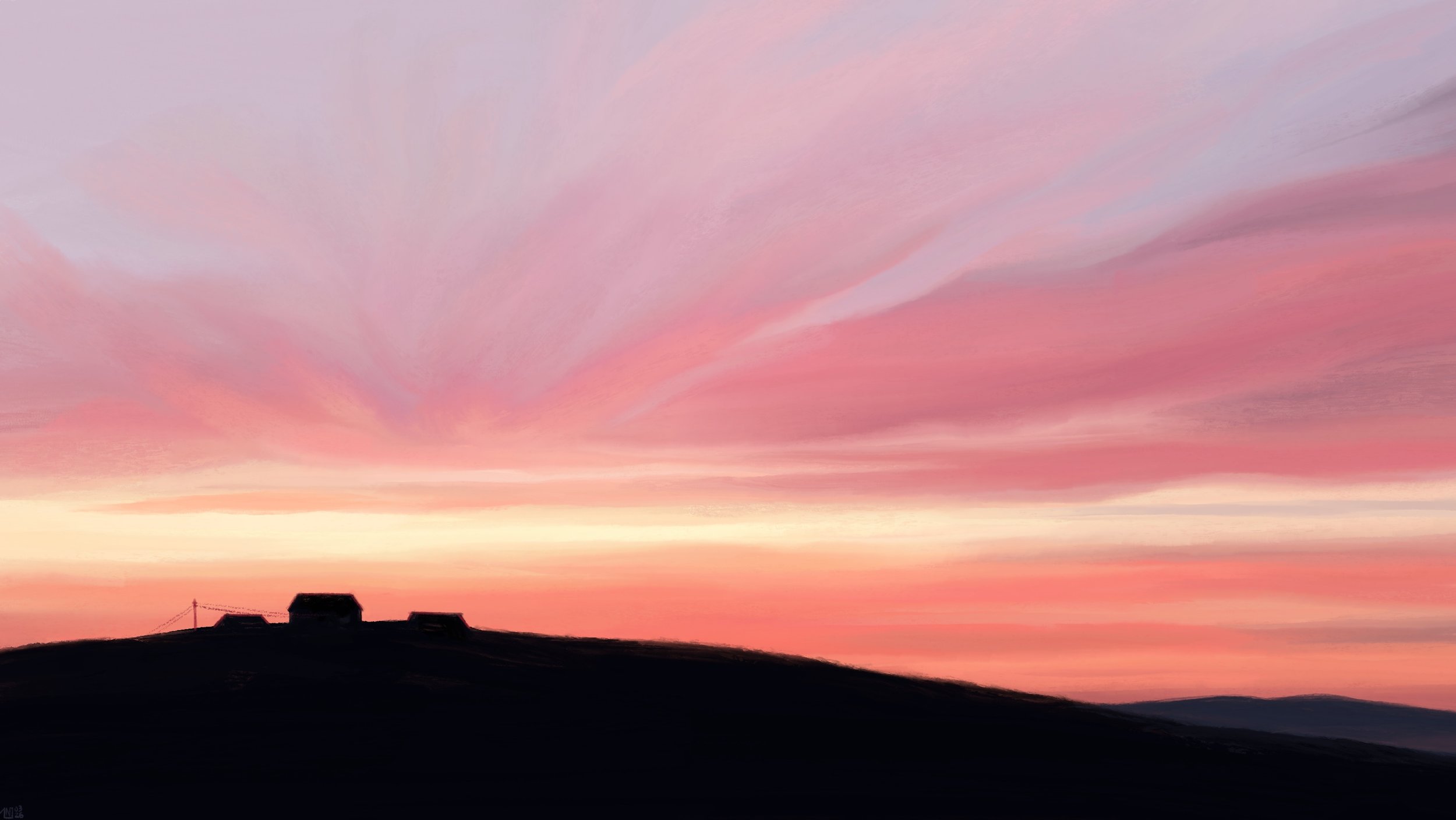 Digital painting of a sunrise scene: the sky is a pale yellow, filled with wispy, pink clouds. In the bottom half, the clouds are flat, but in the top half, they are converging to the same spot. Dark, low mountains, with a few houses on top.