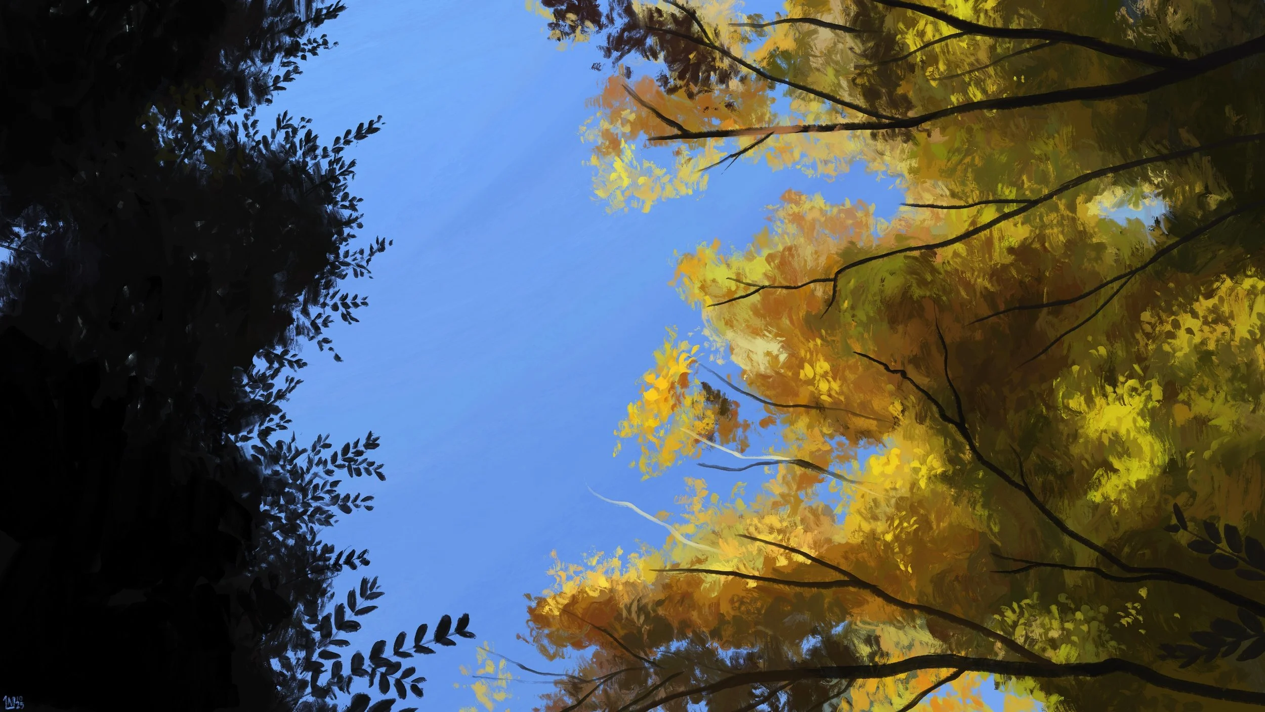 Digital painting of a blue sky framed by trees, dark foliage on the left-hand side, and the large yellow and green tree on the right-hand side, backlit by the sun.