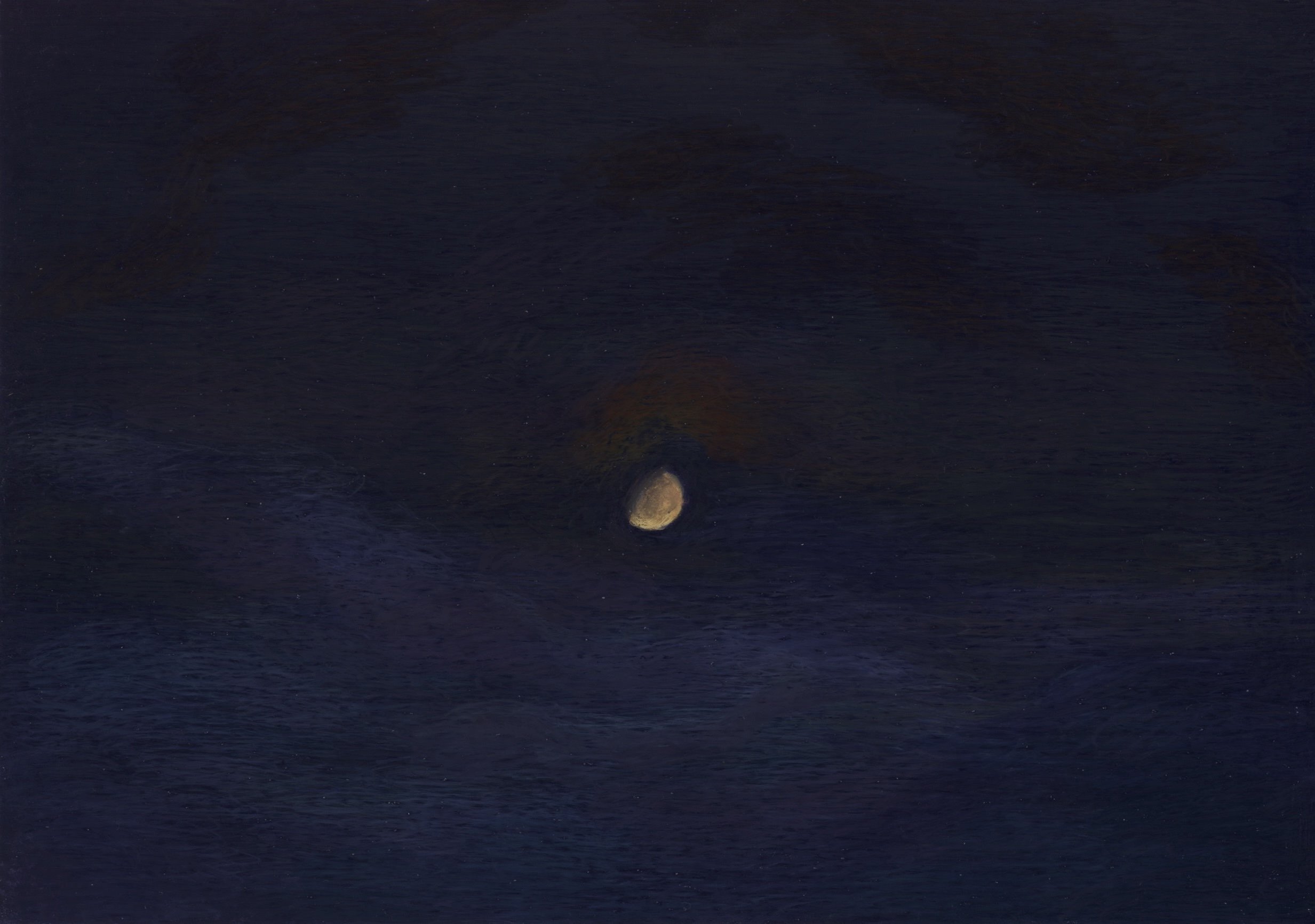 A wax pastel drawing of a cloudy sky with a yellow, waxing gibbous moon in its midst. There are dark shades of blue and purple, a bit of orange around where the moon is dimly glowing.
