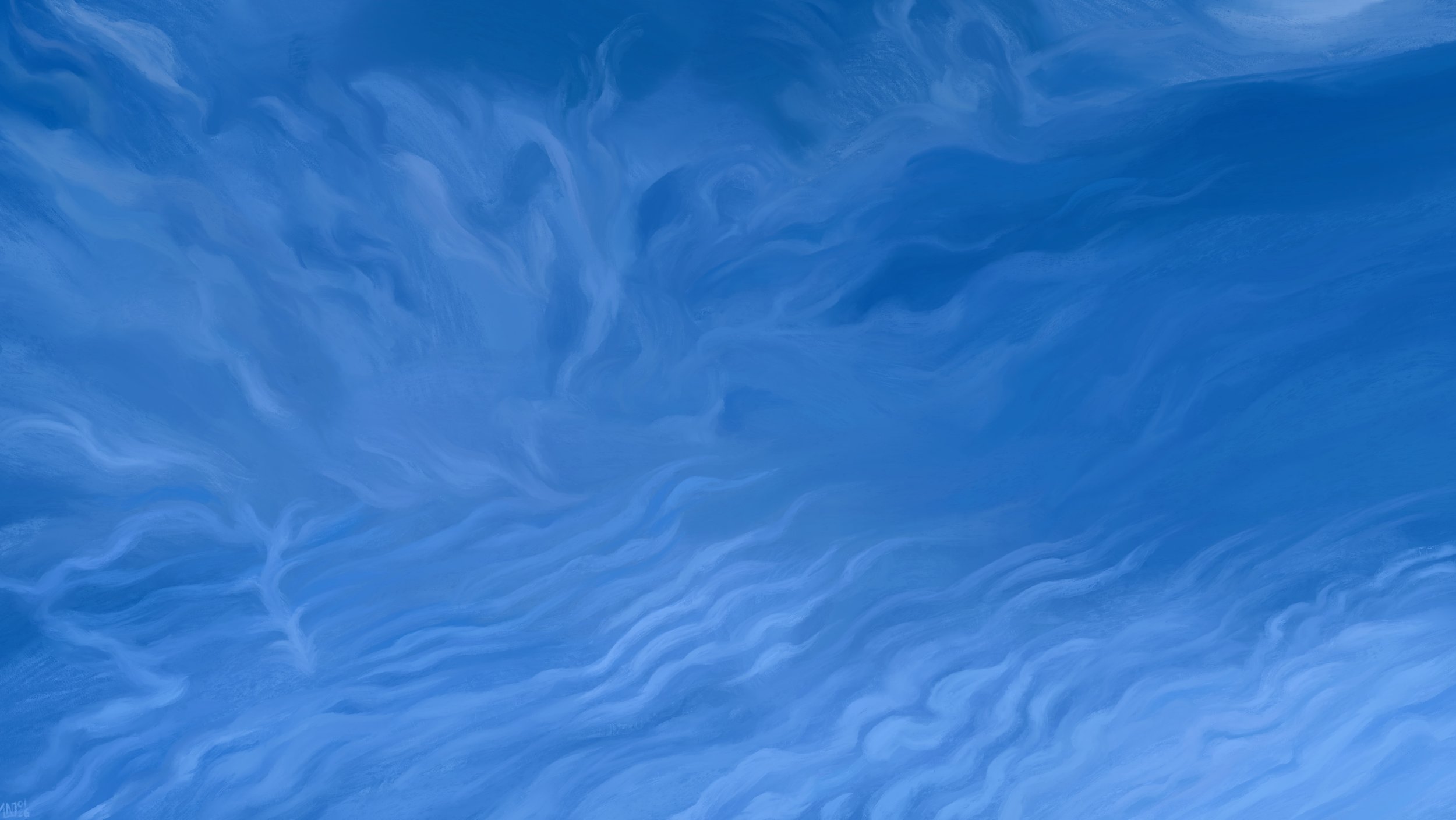Digital painting of a quiet blue sky full of wispy, translucent clouds arranged in wavy and twirly sorts of patterns.